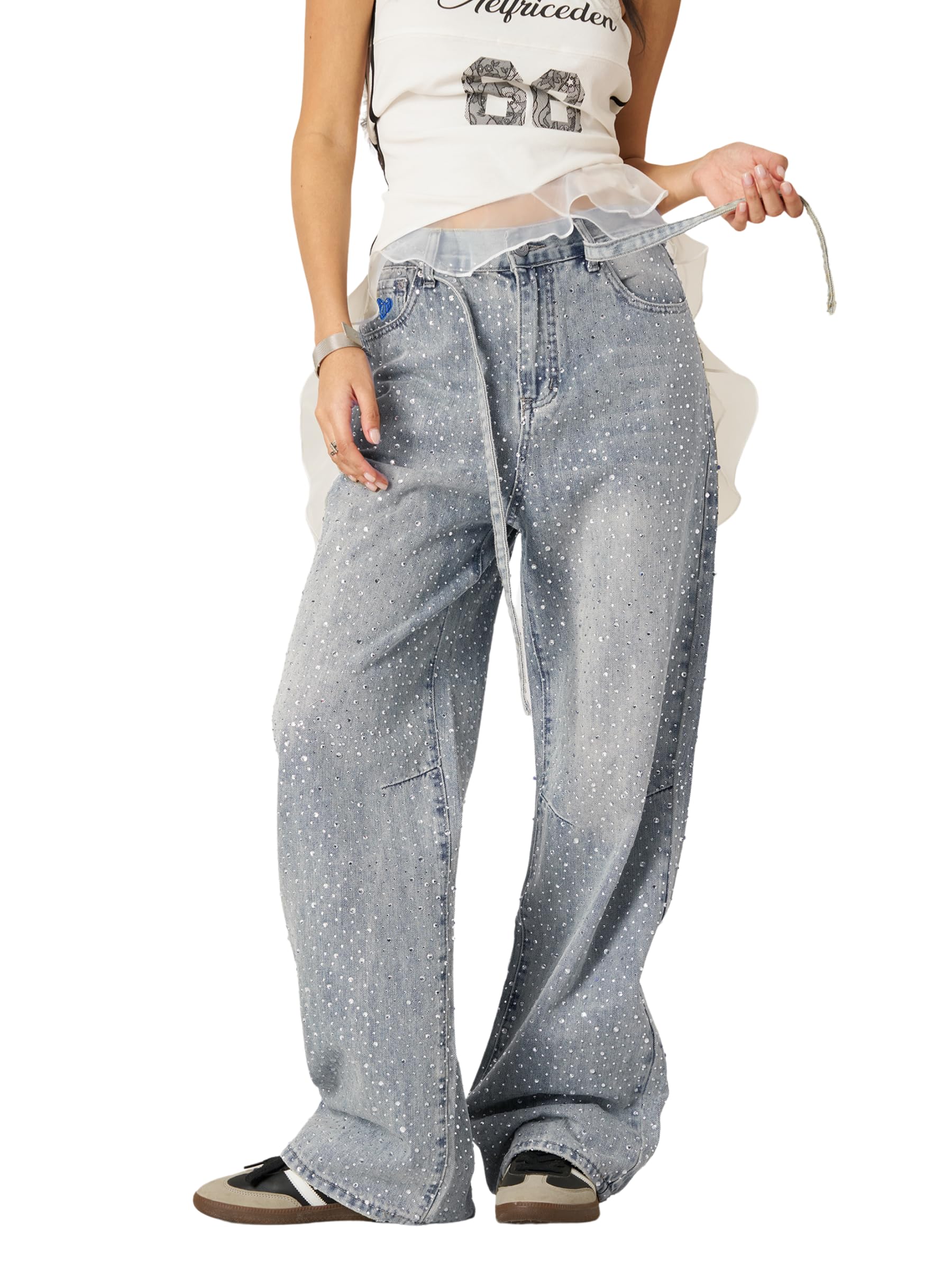 Aelfric Eden Womens Rhinestone Jeans Y2K Wide Leg Pants Unisex Loose Oversized Trousers Casual Baggy Streetwear Denim Pants