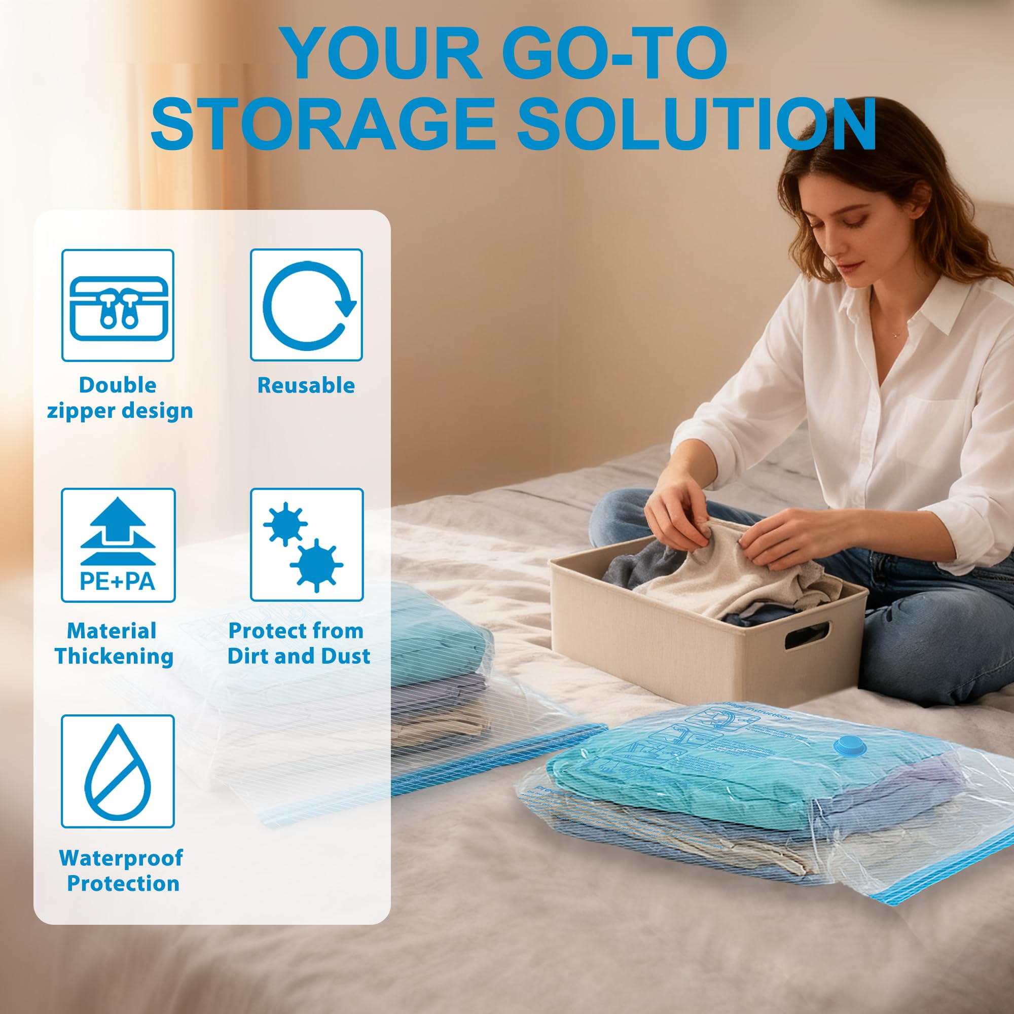 Lot de 16 sacs de rangement sous vide pour vêtements de voyage (4 jumbo, 4 grands, 4 moyens, 4 petits), emballage de compression pour vêtements, valises, bagages
