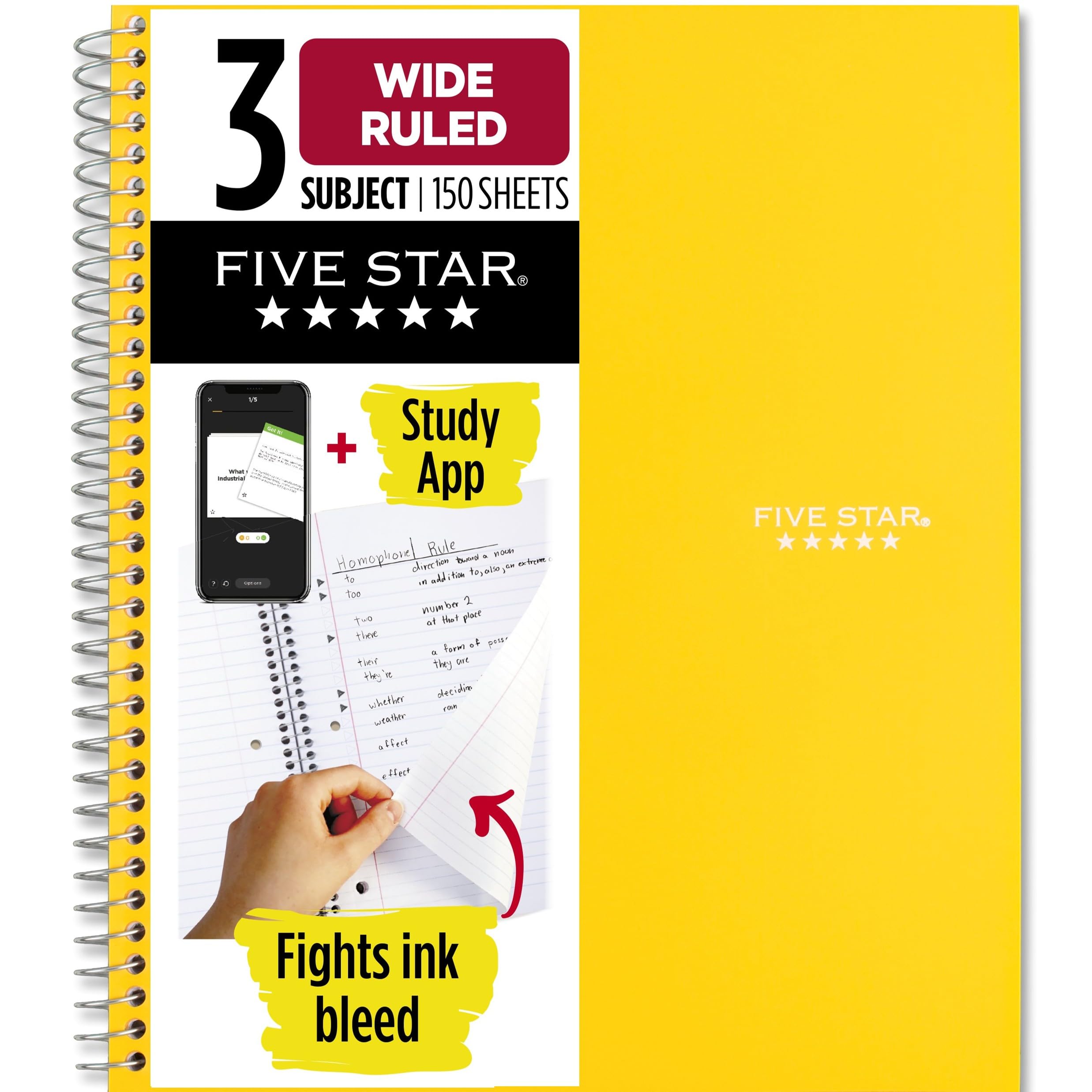 Spiral Notebook, 3 Subject, Wide Ruled Paper, 150 Sheets, 10-1/2" x 8", Yellow (73463)