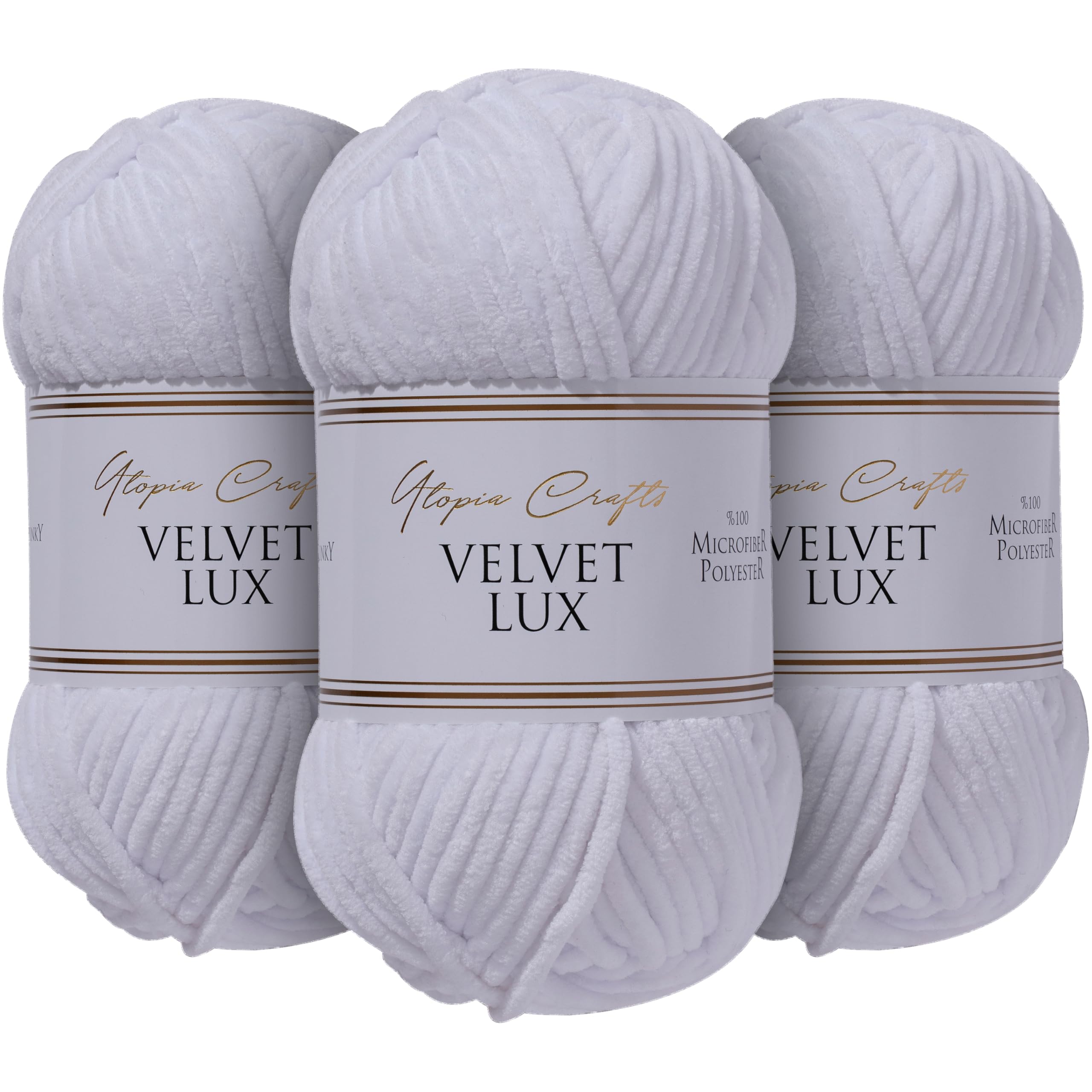 Utopia Crafts Velvet Lux Chenille Super Soft Chunky Yarn for Knitting and Crochet Yarn 3X 100g (White)