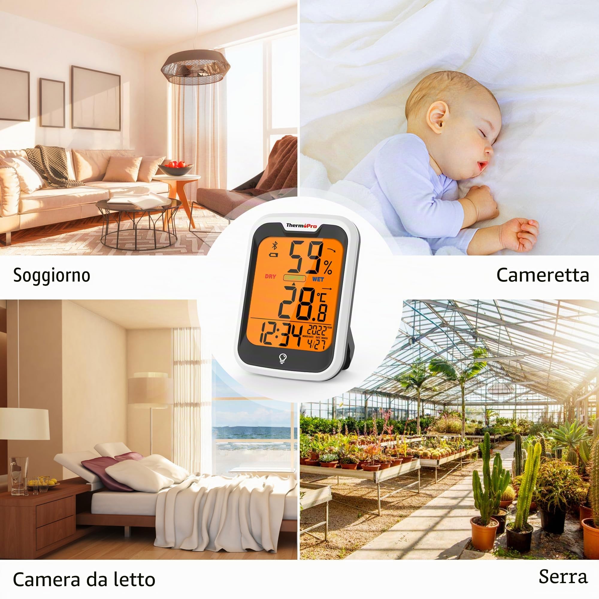 Thermopro TempPro TP358 Termometro Igrometro Bluetooth Interno Con Orologio Integrato, da 80m Retroilluminato con Controllo APP per Serra Domestica