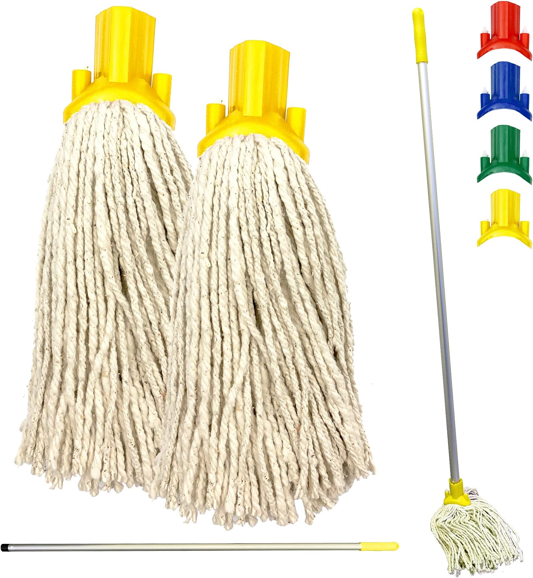 Colour Coded Floor Mop Set – 120cm Long Aluminium Mop Handle and Pack of 2 String Mop Heads Replacement for Domestic and Commercial Cleaning (Yellow)