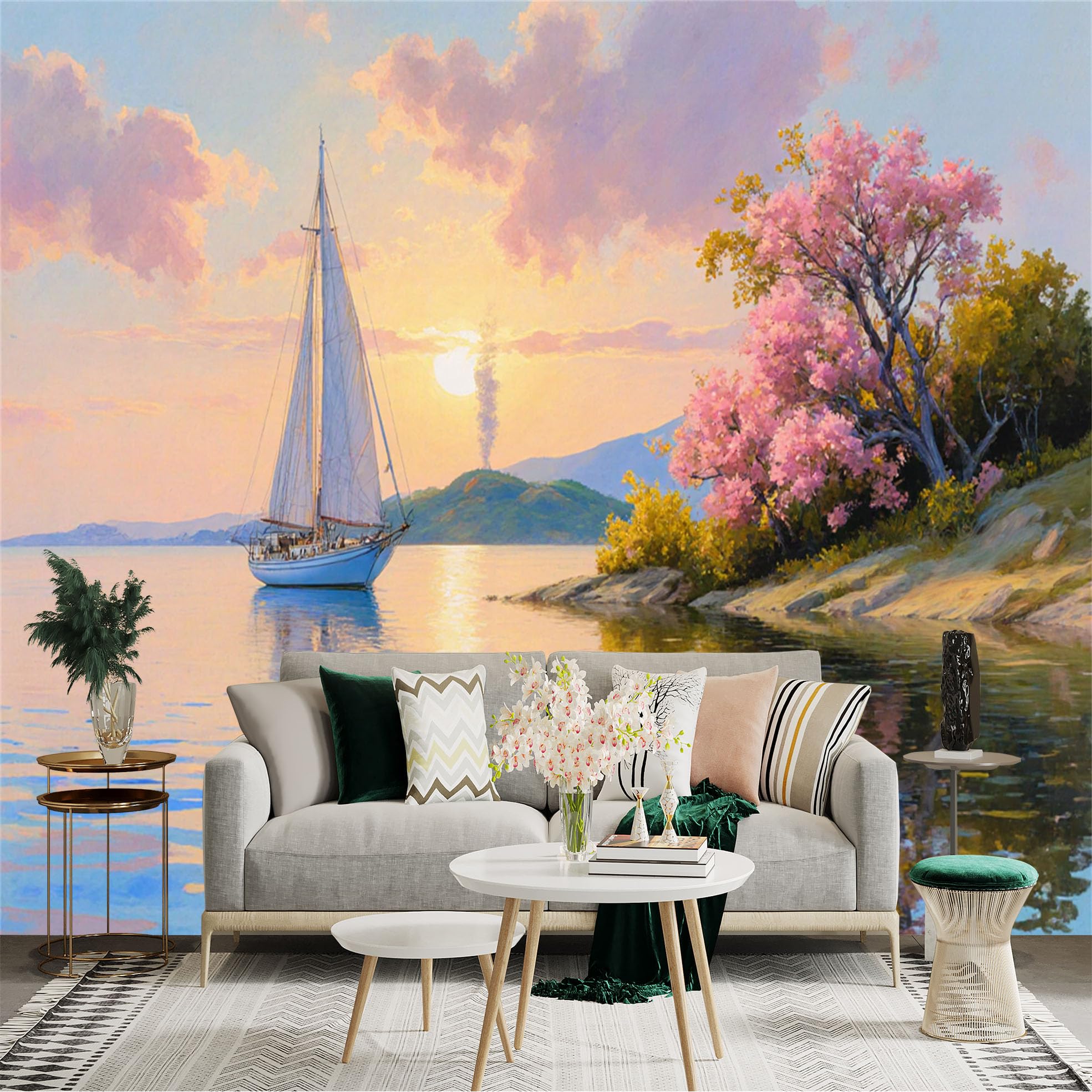 Lnzczhyre Xc260505918 Custom Size Wall Sticker Mural， Sailboat At Sunset， Pink Cherry Blossom Trees， Serene Ocean Landscape， Calm Coastal View， For Wall Decoration， Peelandstick Wall Decals.