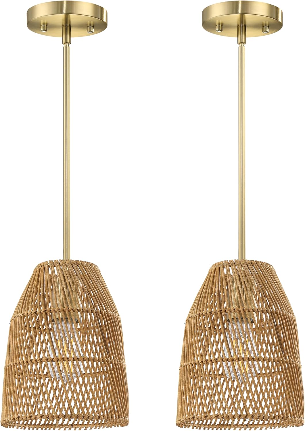 2 Pack 1 Light Industrial Vintage Nature Rattan Lantern Cage Hanging Pendant Ceiling Light,Gold Finish for Kitchen Island,Living Room,Dining Room,Over Sink