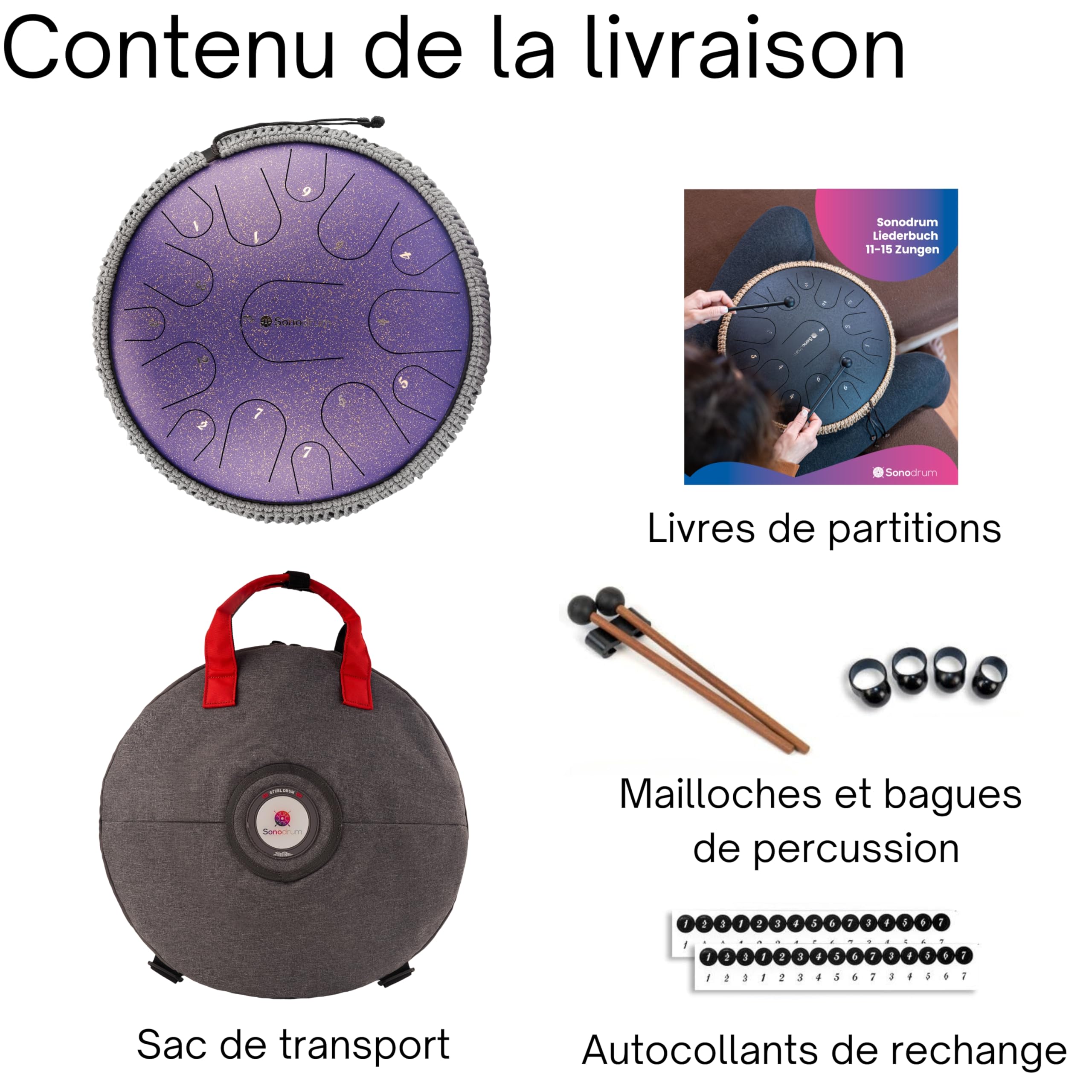 Steel Tongue Drum « Premium » do majeur en violet - 14 pouces avec 15 sons - Tambour à langue en acier avec livre de partitions, mailloches et sac. Savoir jouer des notes n'est pas nécessaire