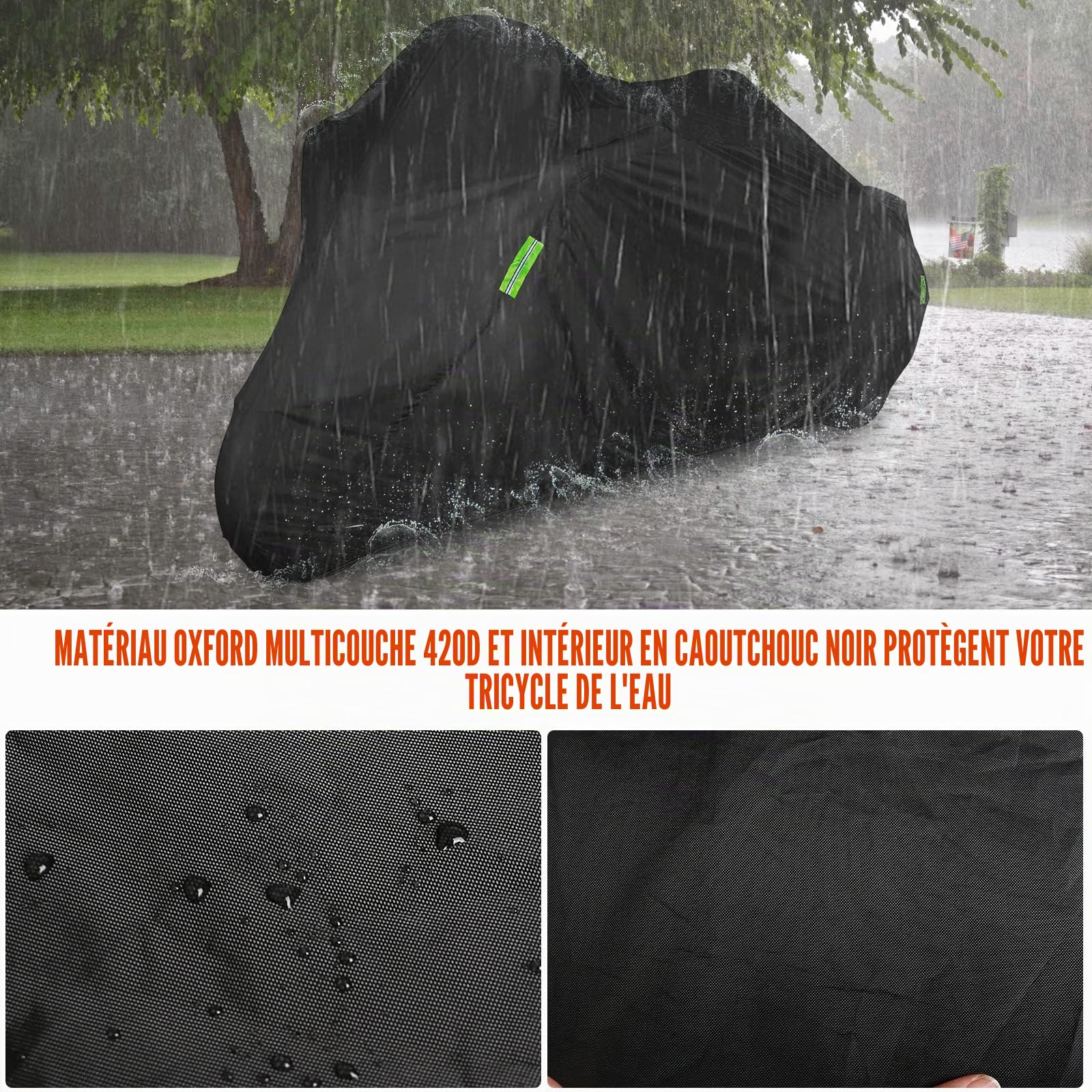 Housse de Moto à Trois Roues imperméable de Rechange en Tissu Oxford 420D, Housse Robuste avec Bandes réfléchissantes pour Protection Contre la Neige, la Pluie, la poussière, la grêle