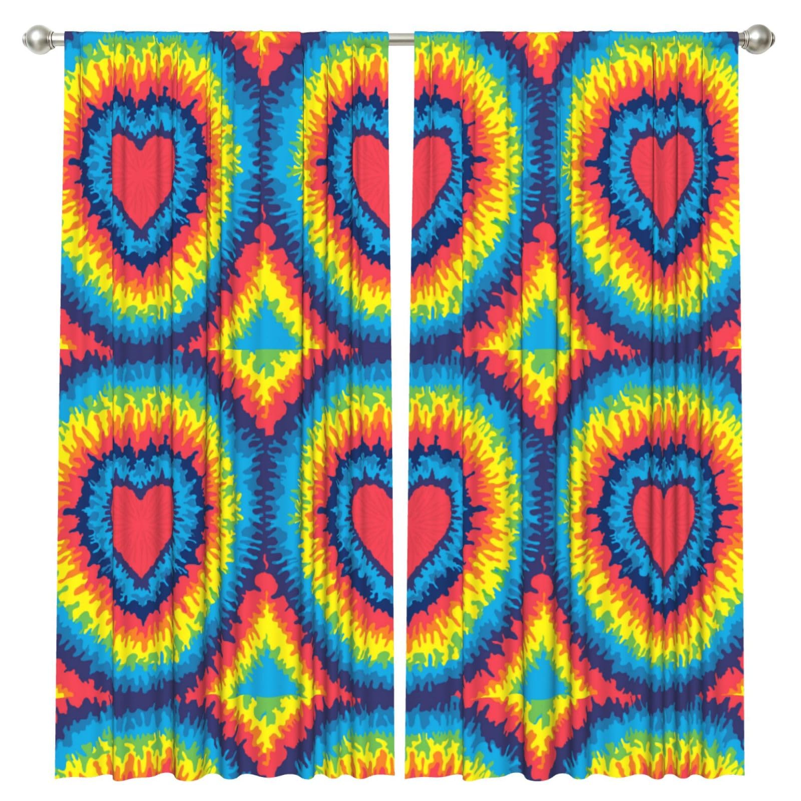 InOmak Heart Love Rainbow Tie Dye, 2 Panels Window Curtains 52 x 84 Inch Blackout Curtains for Living Room Bedroom