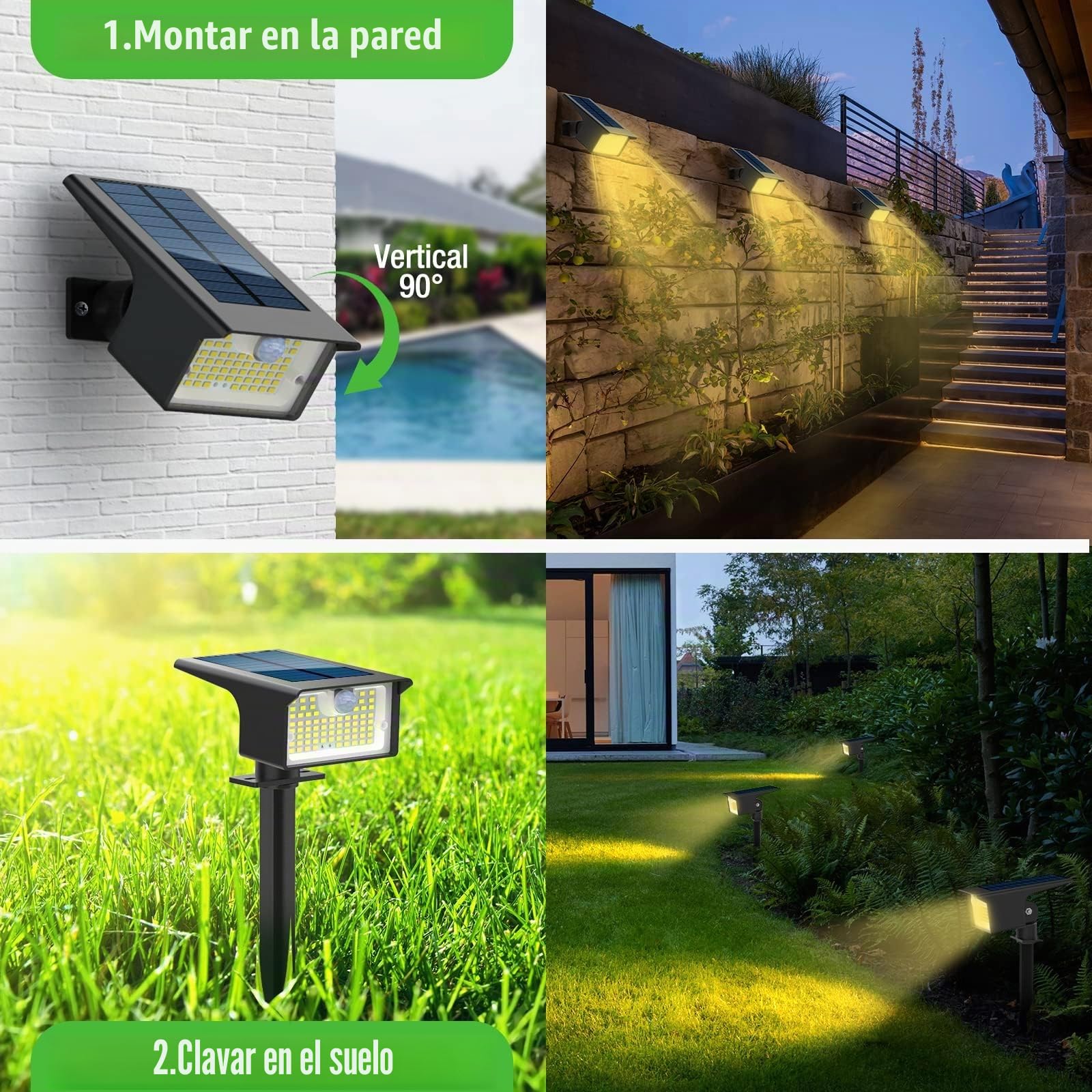 nipify Luces Solares LED Exterior Jardin con Sensor de Movimiento，[3 Paquete/62 LED/3 Modes], IP65 Focos Exterior Solares Potente Lamparas Suelo para Patio,Caminos,Terraza,Suelo,Césped, Blanco Cálido