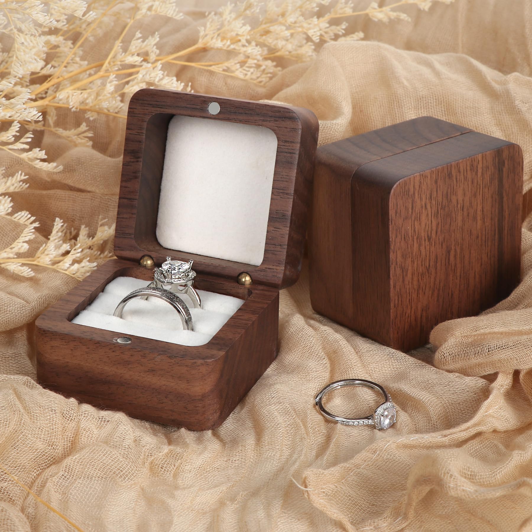 SLOZO Scatola per fedi nuziali in legno per 2 anelli, scatola per fedi nuziali per proposta, regalo per anello di fidanzamento per il giorno del matrimonio, scatola per anelli in legno fatta a mano,