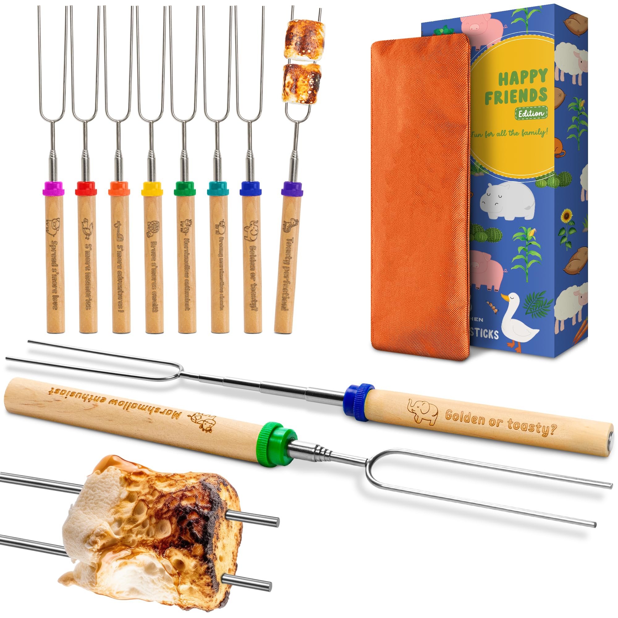 CARPATHEN Marshmallow Roasting Sticks Campfire - Set of 8pcs Smores Sticks With Beautifully Engraved Handles - Perfect as a Gift - Telescoping Stainless Steel Hot Dog Sticks Skewers