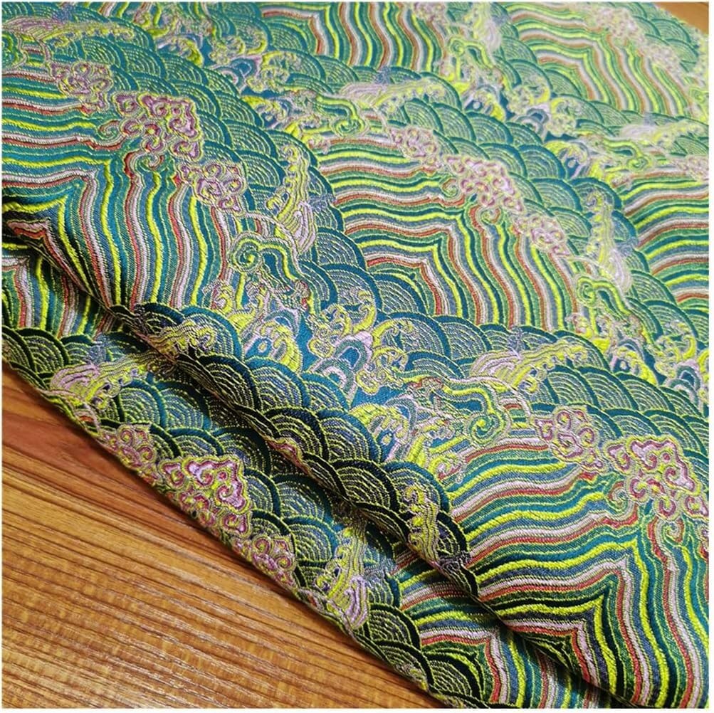 LNNW Silk Satin Fabric Embroidery Brocade Fabric 75cm Width Wave Pattern Cheongsam Jacquard Garment Fabric 1m for Dressmaking, Art & Craft, Sewing