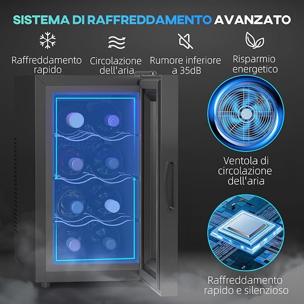 HOMCOM Cantinetta Vino Refrigerata 8 Bottiglie 21L, Cantina Vino Monotemperatura 8-18℃, con Display Touch, Luci LED, Vetro Anti UV, Ripiani Regolabile, Termoelettrico, Classe E, Nero - 3
