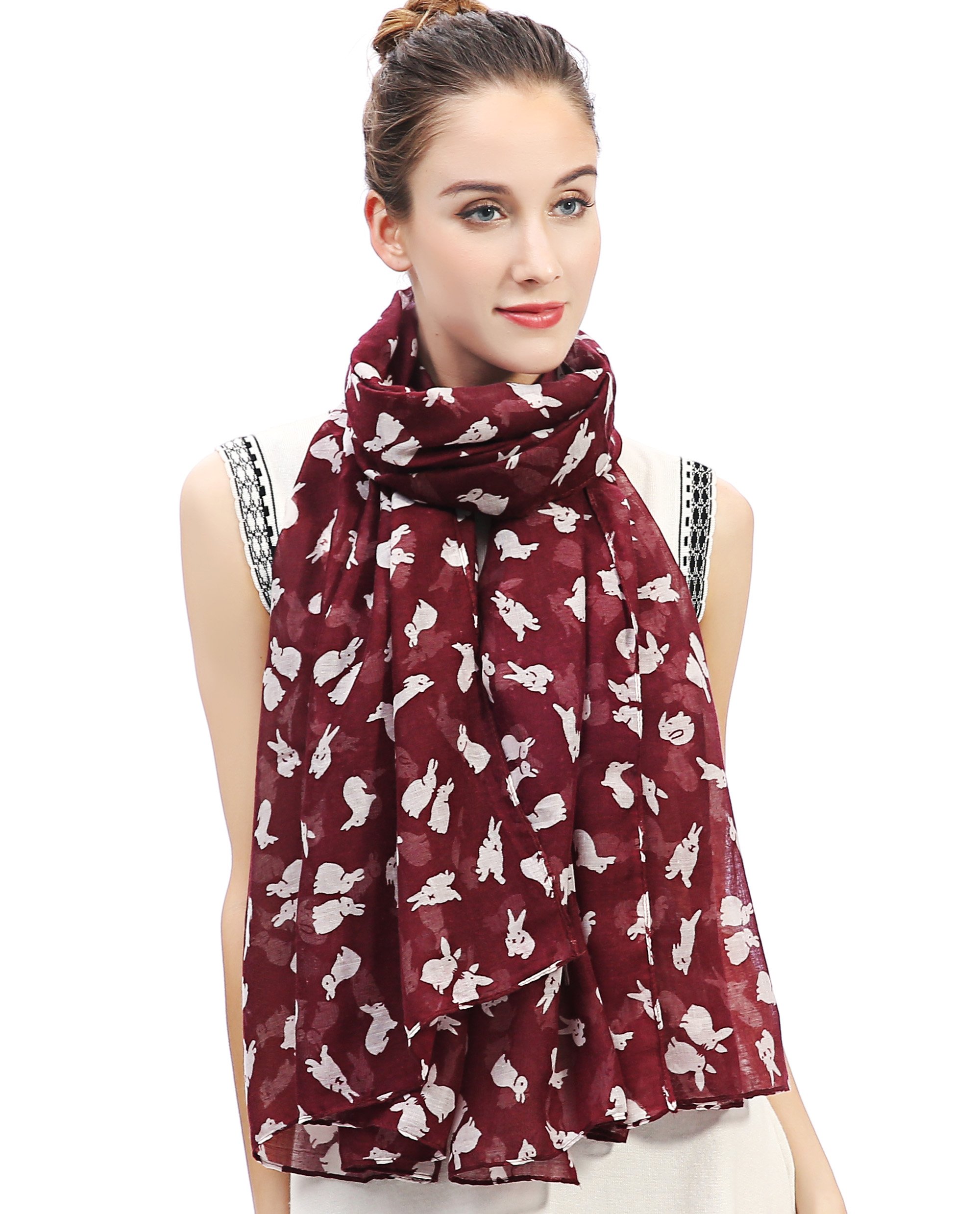 Lina & Lily Rabbit Bunny Print Women's Scarf Shawl Oversized (Maroon & White)