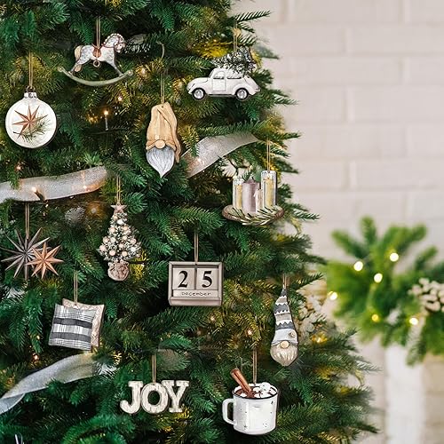 Miniatura 4 de Huwena 36 adornos de madera de Navidad rústicos, decoraciones navideñas rústicas, bolas de muñeco de nieve, árbol de Navidad, camión, madera de