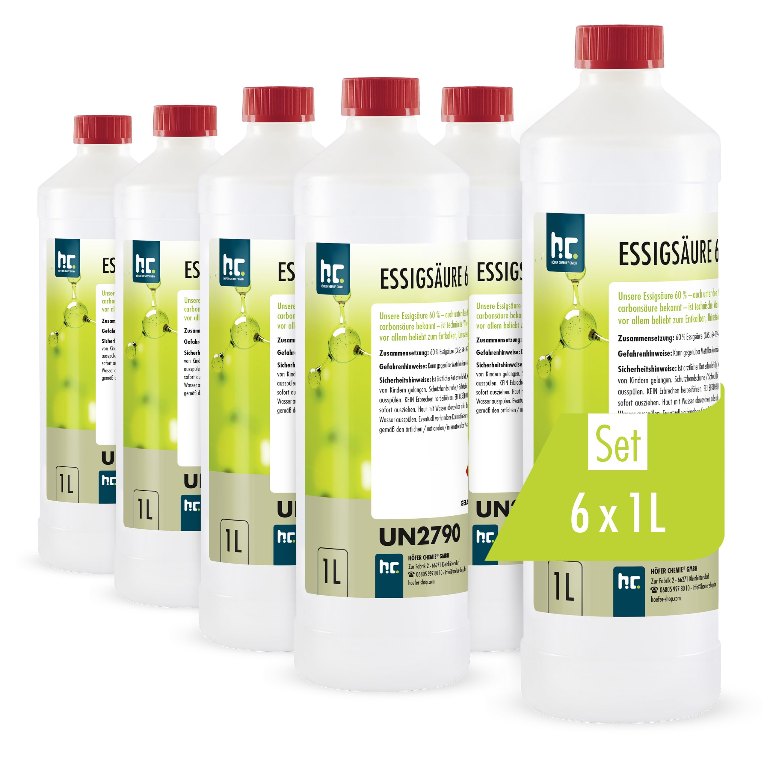 Höfer Chemie Acide Acétique 60% 6 x 1 L - Vinaigre Concentré Détartrant | Nettoyant Détartrant Puissant pour Ménage et Industrie, Fabrication Allemande de Qualité Supérieure, Biodégradable