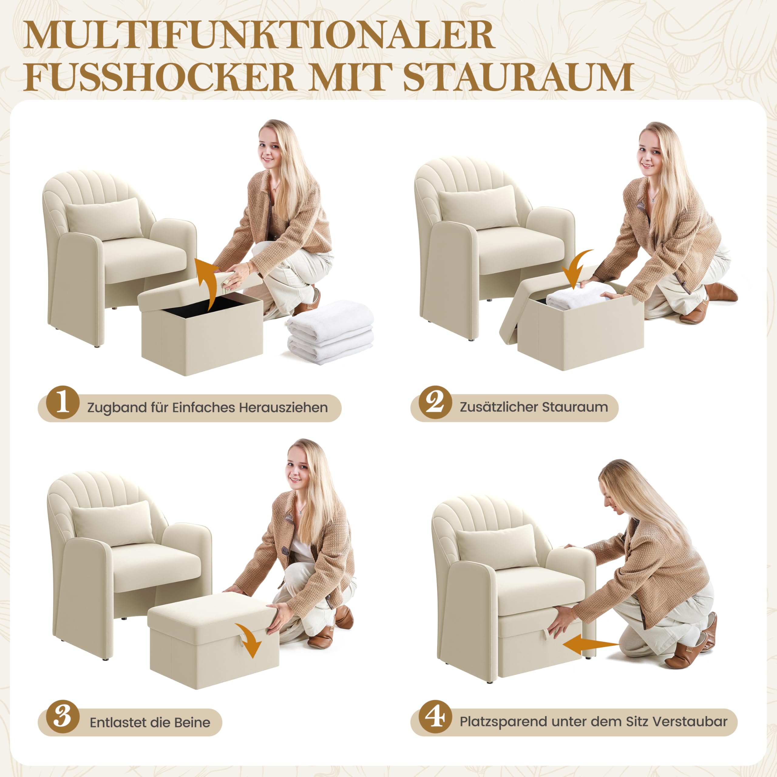 Yaheetech Sessel mit Hocker mit Stauraum, Bequemer Ohrensessel Wohnzimmer mit Rückenkissen, Relaxsessel Samt in Blütenblattform, Lounge Sessel für Büro/Schlafzimmer, Beige