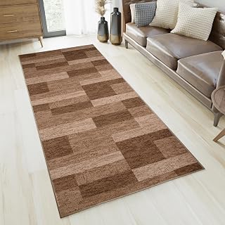 TAPISO Anti Rutsch Teppich Läufer rutschfest Brücke Meterware Modern Dunkelbraun Vierecke Geometrisch Design Flur Küche Wohnzimmer Diele 100 x 140 cm