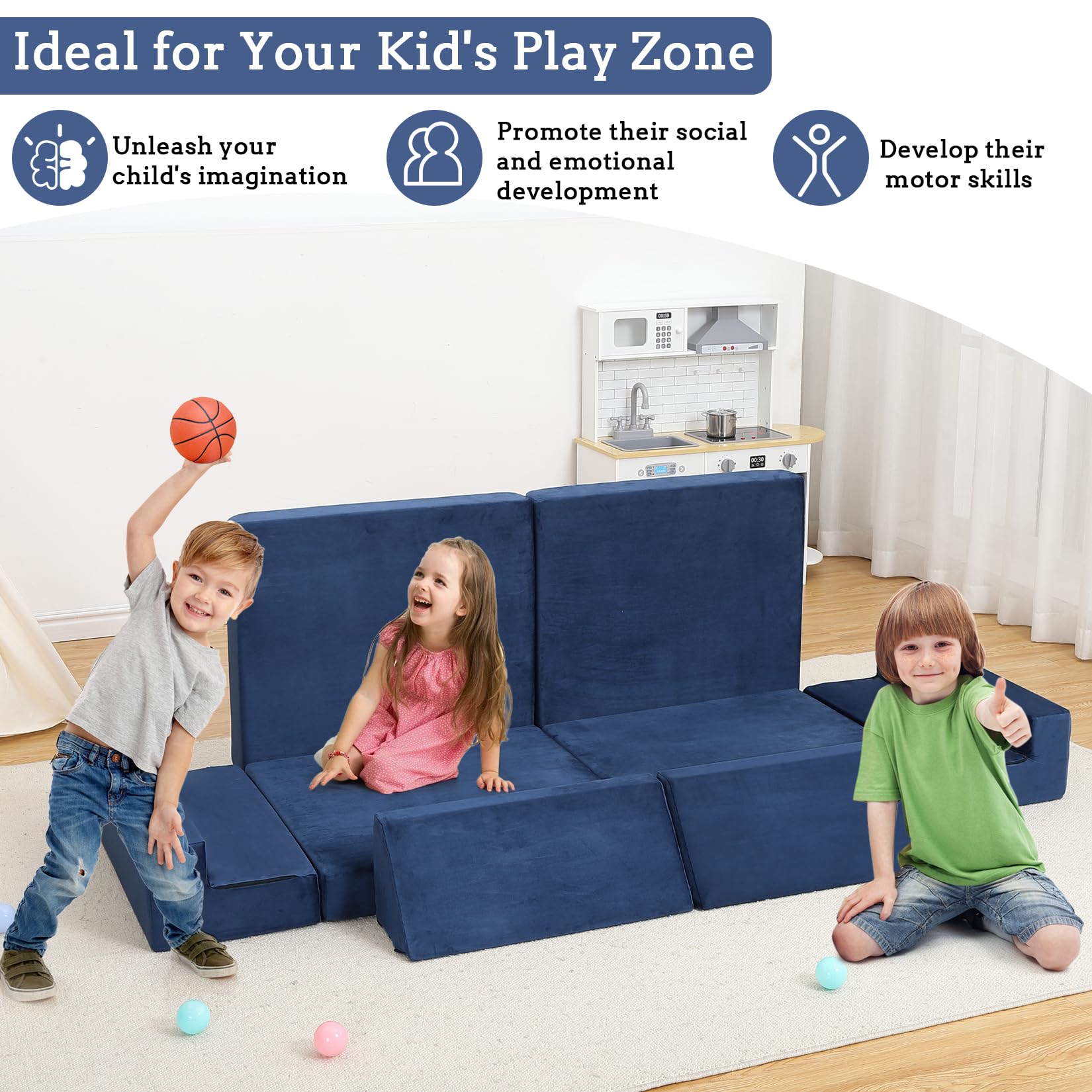 GarveeHome Modulares 8-teiliges Kindersofa-Set – Hochdichter Schaumstoff, wandelbares Polstermöbel – Abnehmbare Bezüge, langlebig & stilvoll für Jungen & Mädchen, Kinderzimmer, Dunkelblau