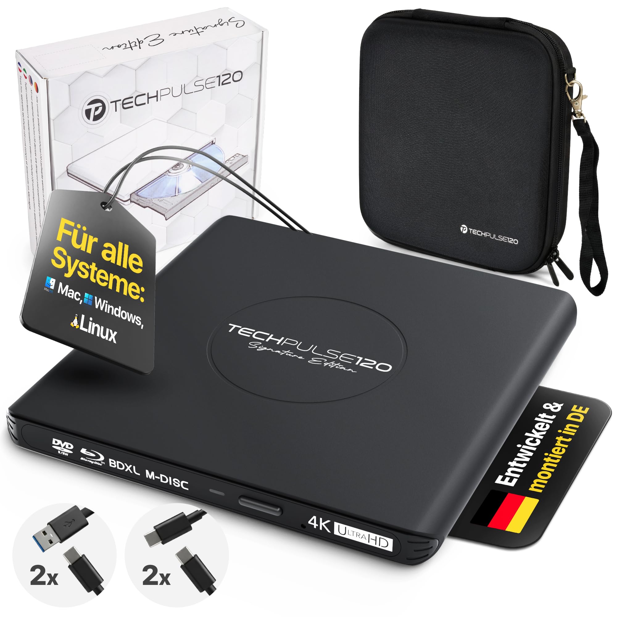 techPulse120 Unidad externa USB 3.1 USB-C UHD 4K 3D M-DISC Blu-ray DVD CD HDR10 128GB Unidad Grabadora Burner Signature Paquete Bolsa 90 cm Cable de conexión Aluminio (Negro)
