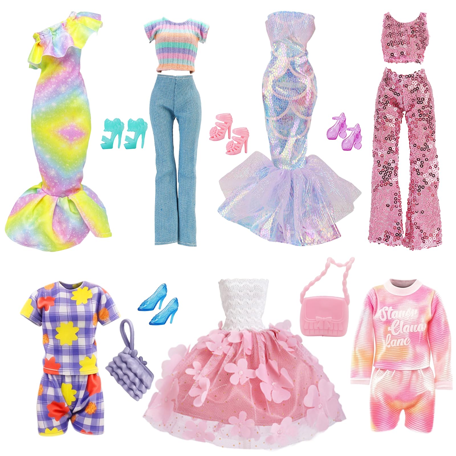18 vestiti per bambola da 29,2 cm, compatibili con Barbie 1 vestito floreale, 1 gonna a sirena con paillettes, 1 gonna a sirena monospalla, 4 set di abiti top e pantaloni, 2 borse, 5 scarpe, regali