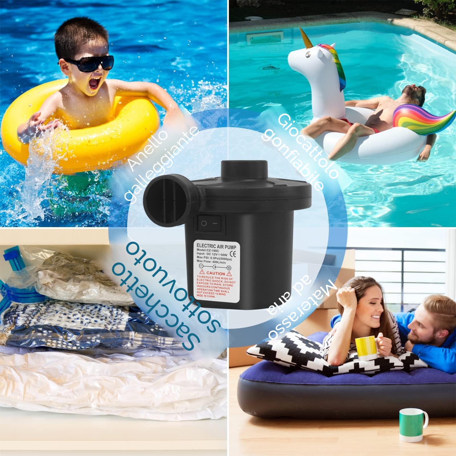 Pompa ad aria elettrica, pompa portatile a riempimento rapido per letto ad aria, 240V AC / 12V DC, 3 ugelli, pompa di gonfiaggio e sgonfiaggio, perfetta per il campeggio all'aperto,materasso ad aria