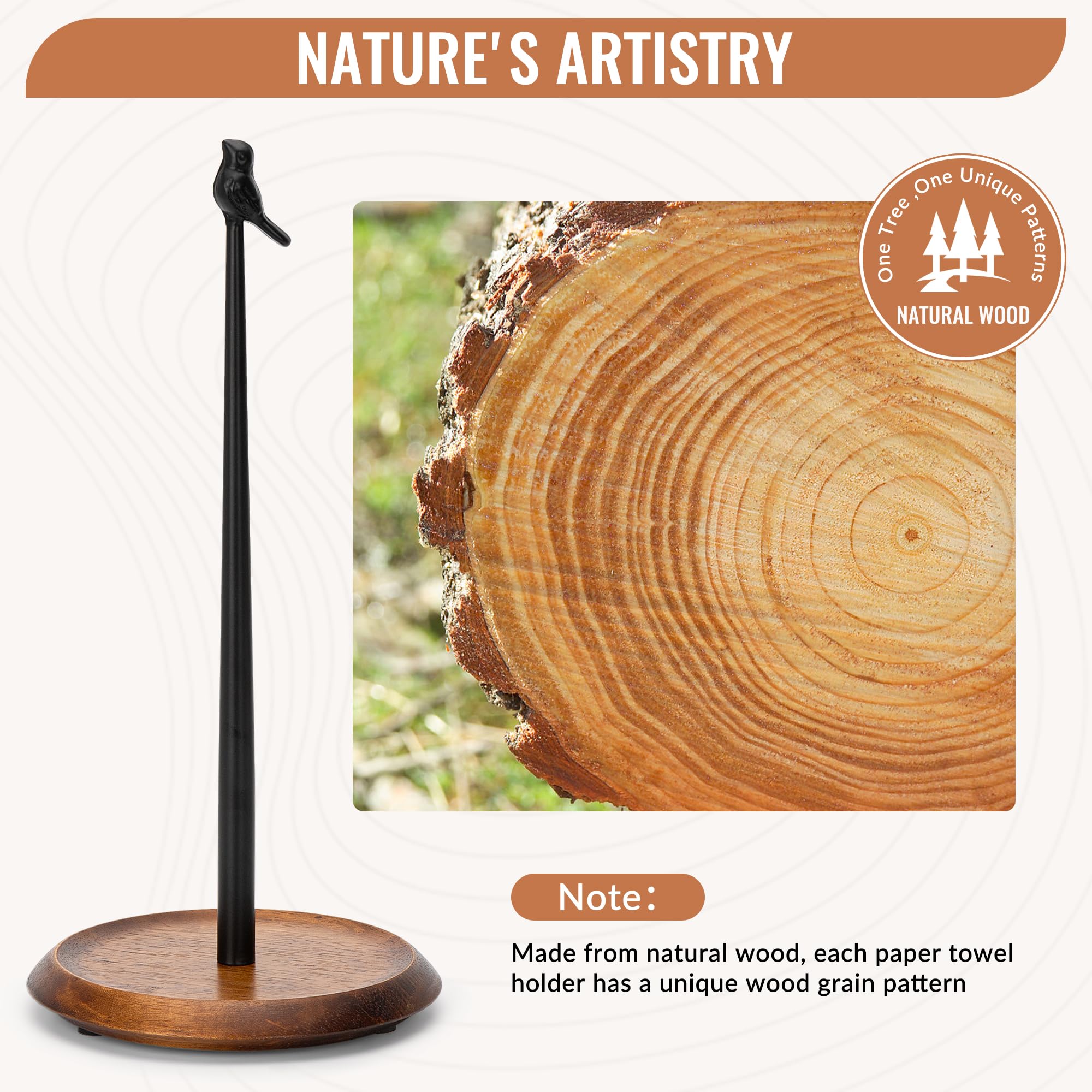 SUNNEKO Wood Paper Towel Holder, Black Kitchen Roll Holder Free Standing, Easy Tear Rustic Kitchen Tissue Holder for Dining Table - Image 4