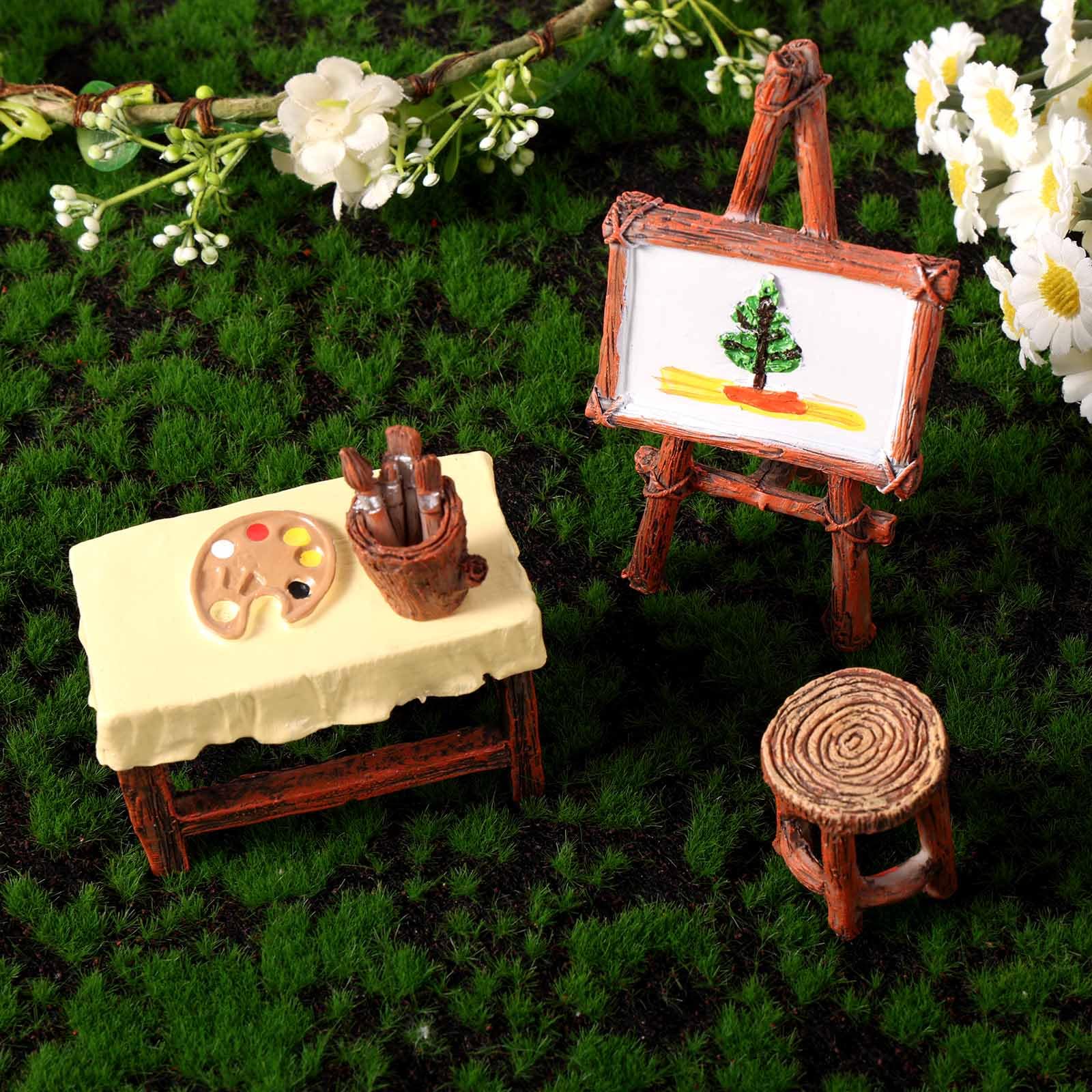 Fukaisu Fairy Garden Accessories Outdoor Kit, Resin Fairy Garden Mini Easel Set with Table Stool Pen Holder for DIY Mini Gardens Fairies Terrarium & Dollhouse Decoration