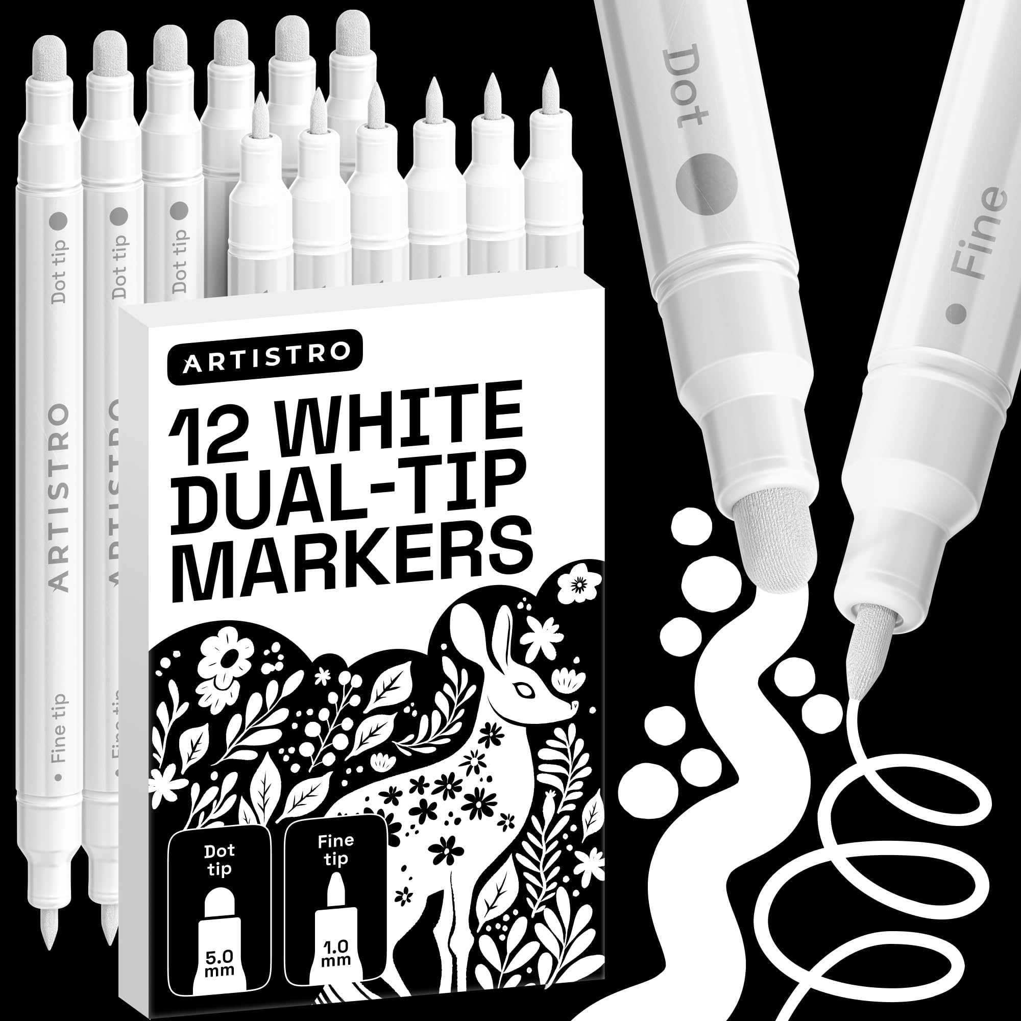ARTISTRO White Dual-Tip Acrylic Paint Markers Set with Dot & Fine Tips, 12 Count | Non-Toxic Multi-Surface Art Pens - main product image