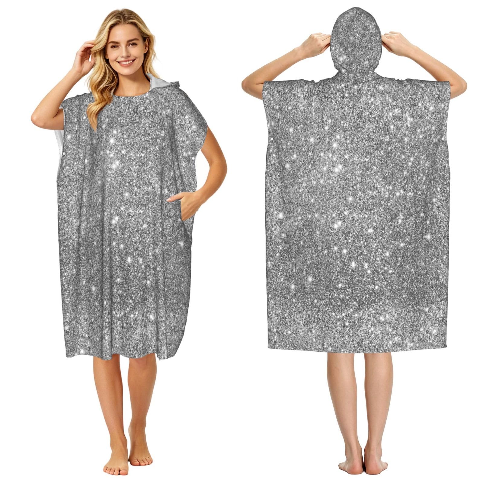 Poadnly Silver Glitter Sparkles, Adult Hooded Beach Towel 90 x 110 cm,Changing Bath Robe, Surf Poncho Towel For Women Men