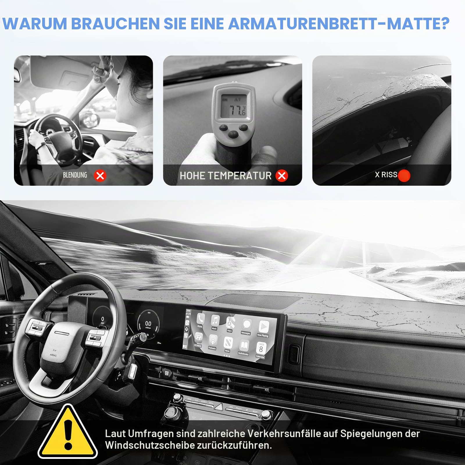 Sunsdrew Armaturenbrett-Abdeckung für Hyundai Santa Fe MX5 2024 2025 2026 Armaturenbrett-Abdeckung Matte für Santa Fe Zubehör, Sonnenschutz, Rutschfester Netzschutz, Keine Blendung (mit HUD)