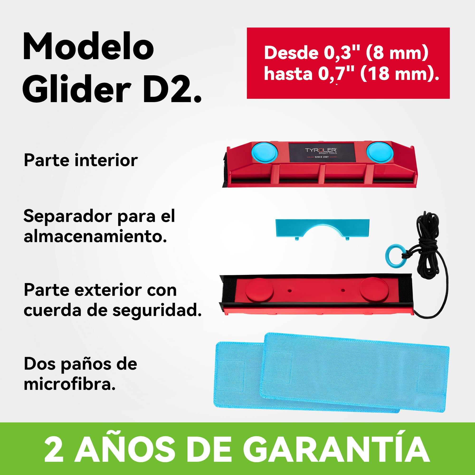Tyroler Glider D-2 Limpiacristales Magnético Doble Cristal | Se Adapta a Ventanas de Cristal Simple y Doble de 8-18 mm | Limpia Ventanas Magnético | Limpiador de Cristales Magnético