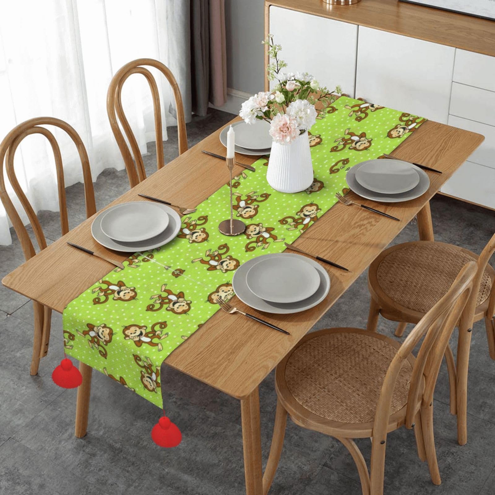 Chemin de table lin vert de cuisine tissu noble imprimé singe décoration table
