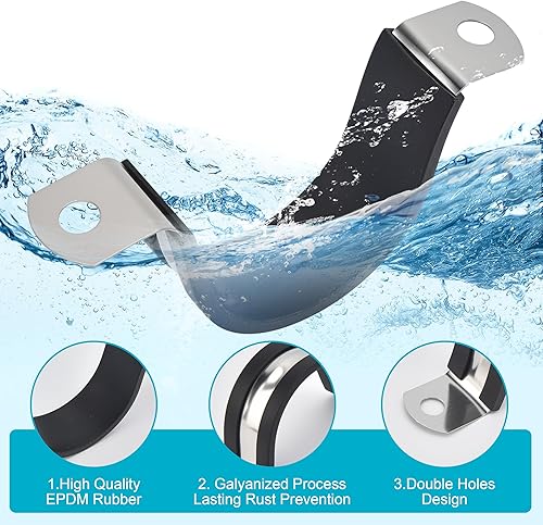 Miniatura 3 de Abrazadera de soporte en U acolchada de goma de 2-38 pulgadas, 10 piezas, 2 agujeros, correa de tubo rígida reforzada, correas de conducto de acero