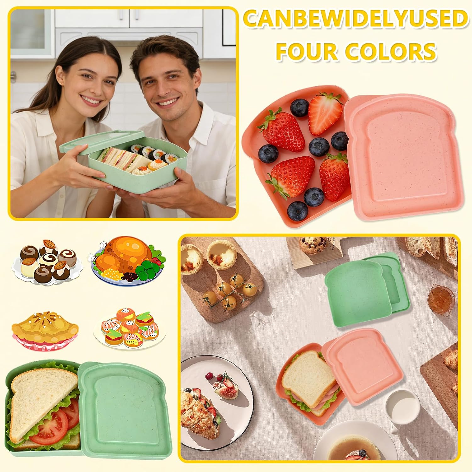 Sandwich Containers for Lunch Boxes, Plastic Toast Shape Food Storage Box with Lid BPA Free, Reusable, Microwave & Dishwasher Safe (Colorful)