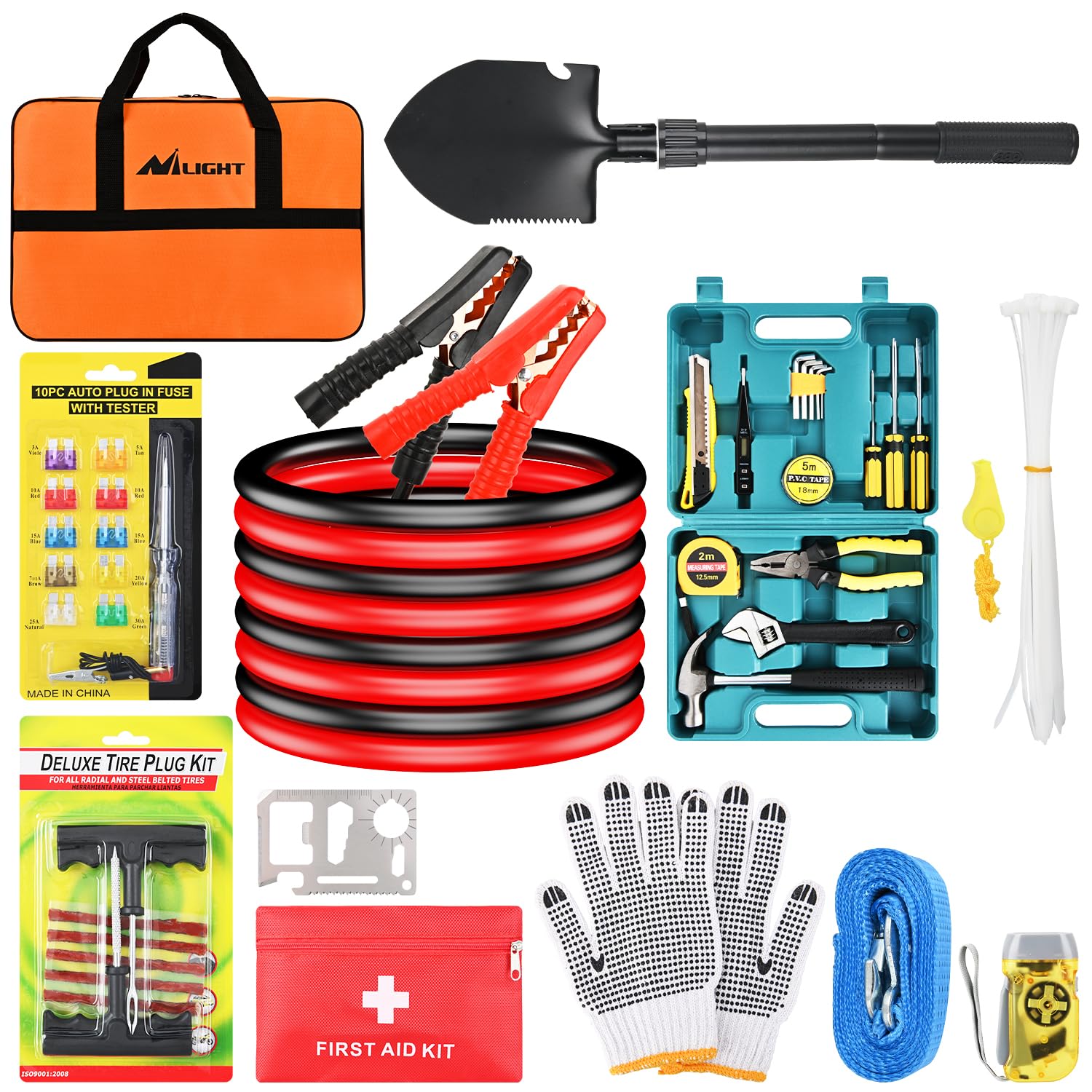 Nilight Car Emergency Kit with Jumper Cable Air Compressor Tire Repair Essential Tools First Aid Alligator Connector Electrical