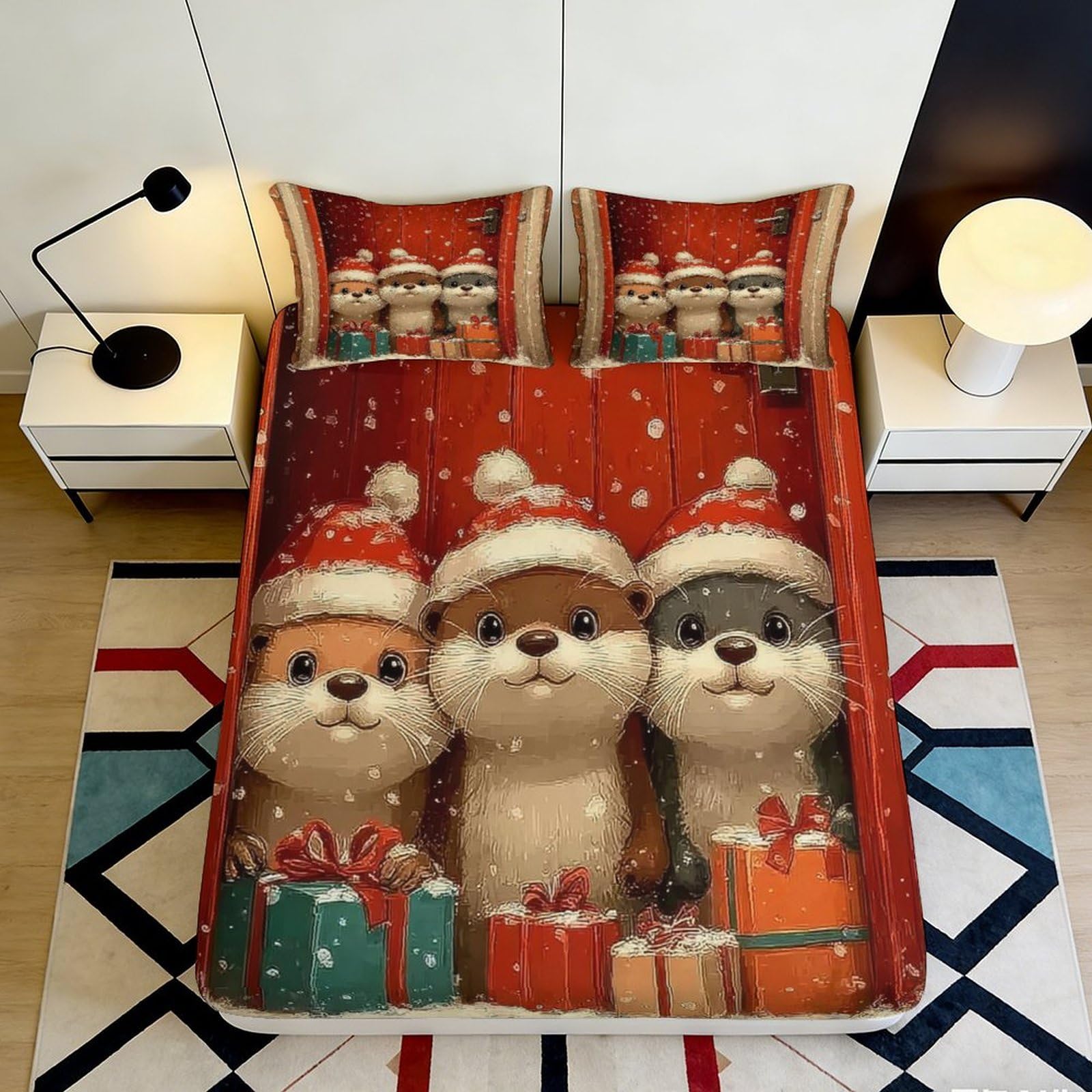 3D Printed Cat Fitted Sheet Microfiber Soft Red Cartoon Bear Mattress Cover for Bedroom Dorm Decor 90x200x25cm