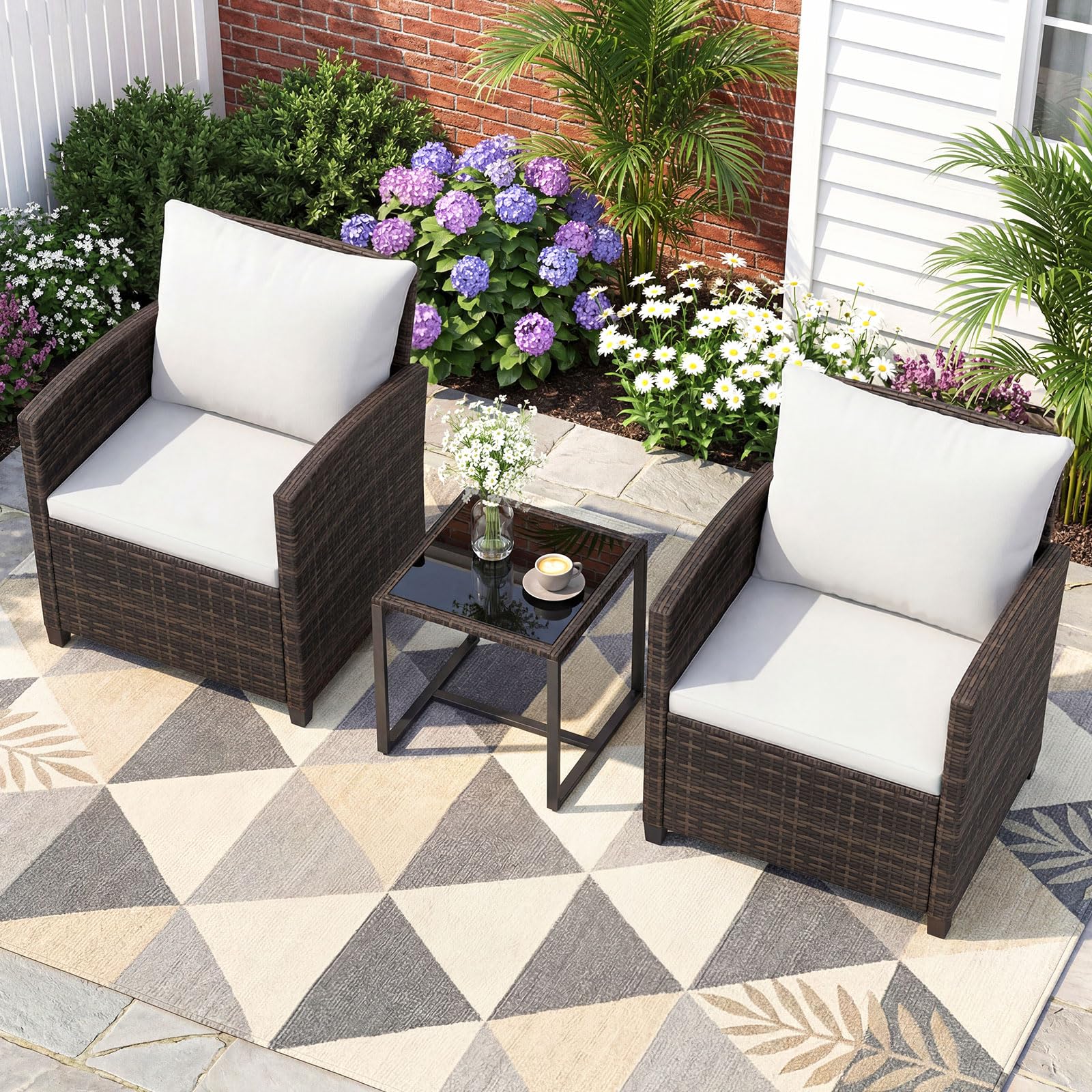 COSTWAY Set Mobili da Giardino 3 Pezzi, Salotto da Esterno in Rattan PE con Cuscini Sfoderabili, Tavolino in Vetro Temperato Beige