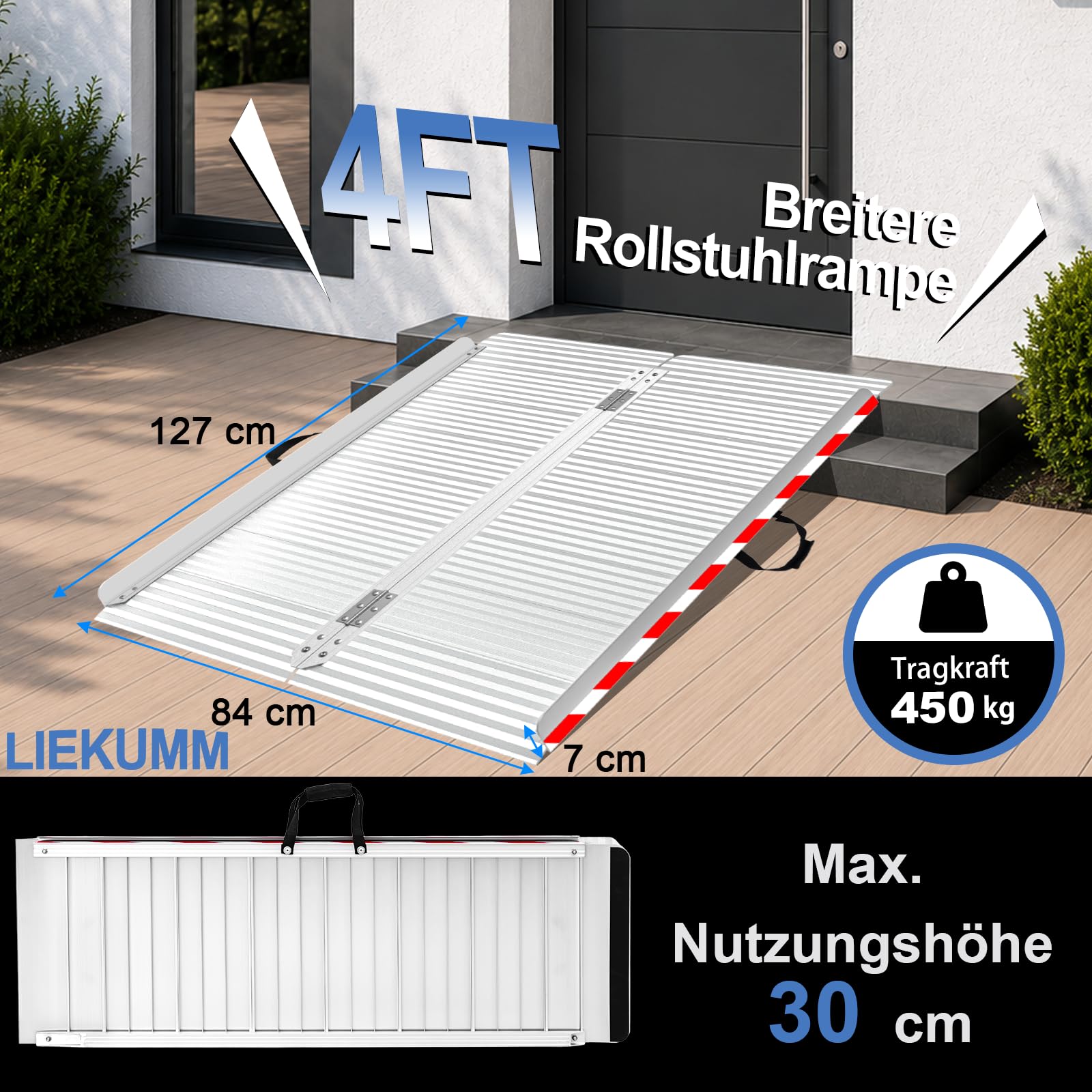 LIEKUMM Rampe de Fauteuil Roulant Pliable, 120 x 85 cm Rampe Acces Handicapé, Capacité 400 kg Rampe d'accès Antidérapante pour escaliers, seuils de Porte