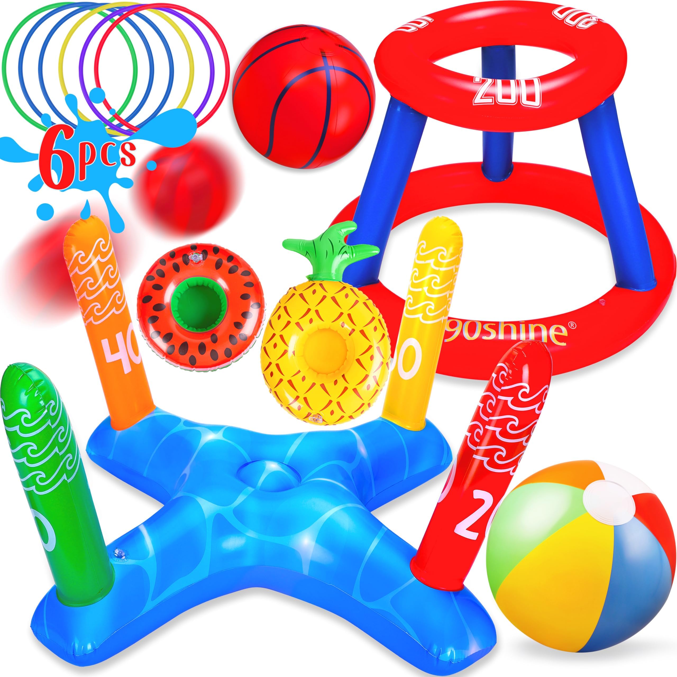 90shine 3 Sets Pool Toys Games for Adults and Family - Floating Basketball Hoop&Inflatable Ring Toss&Beach Ball for Kids Swimming Water Fun Floats Accessories