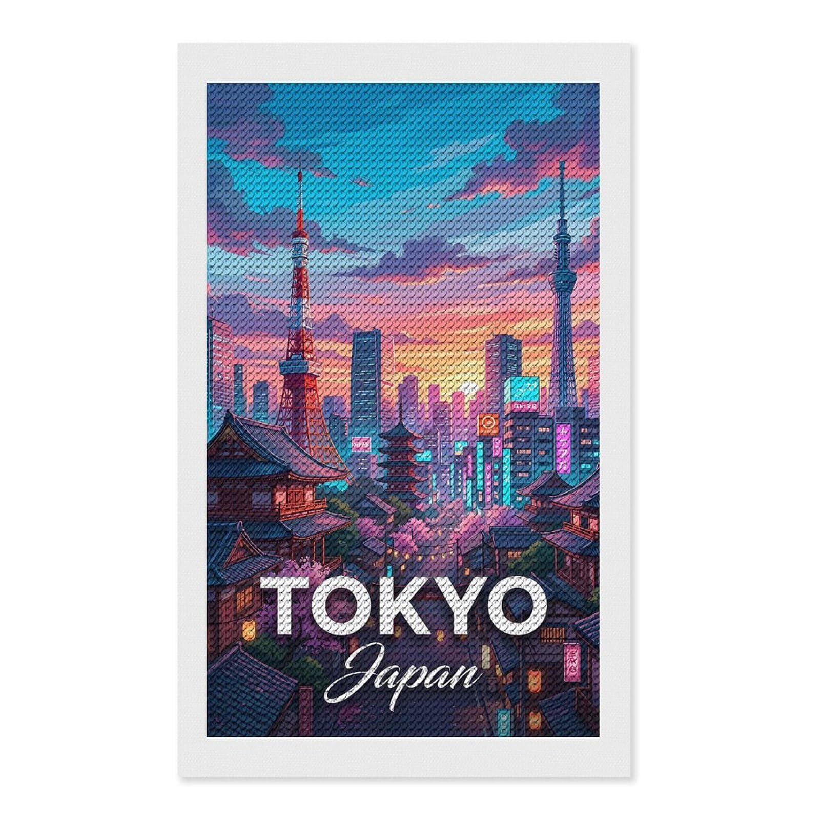 Junmoney Tokyo Japan Cityscape at Sunset Diamond Art Canvas 12"x20", for Adults, Printed Canvas, Home Wall Decor, Gift Idea, Mindful Craft Activity