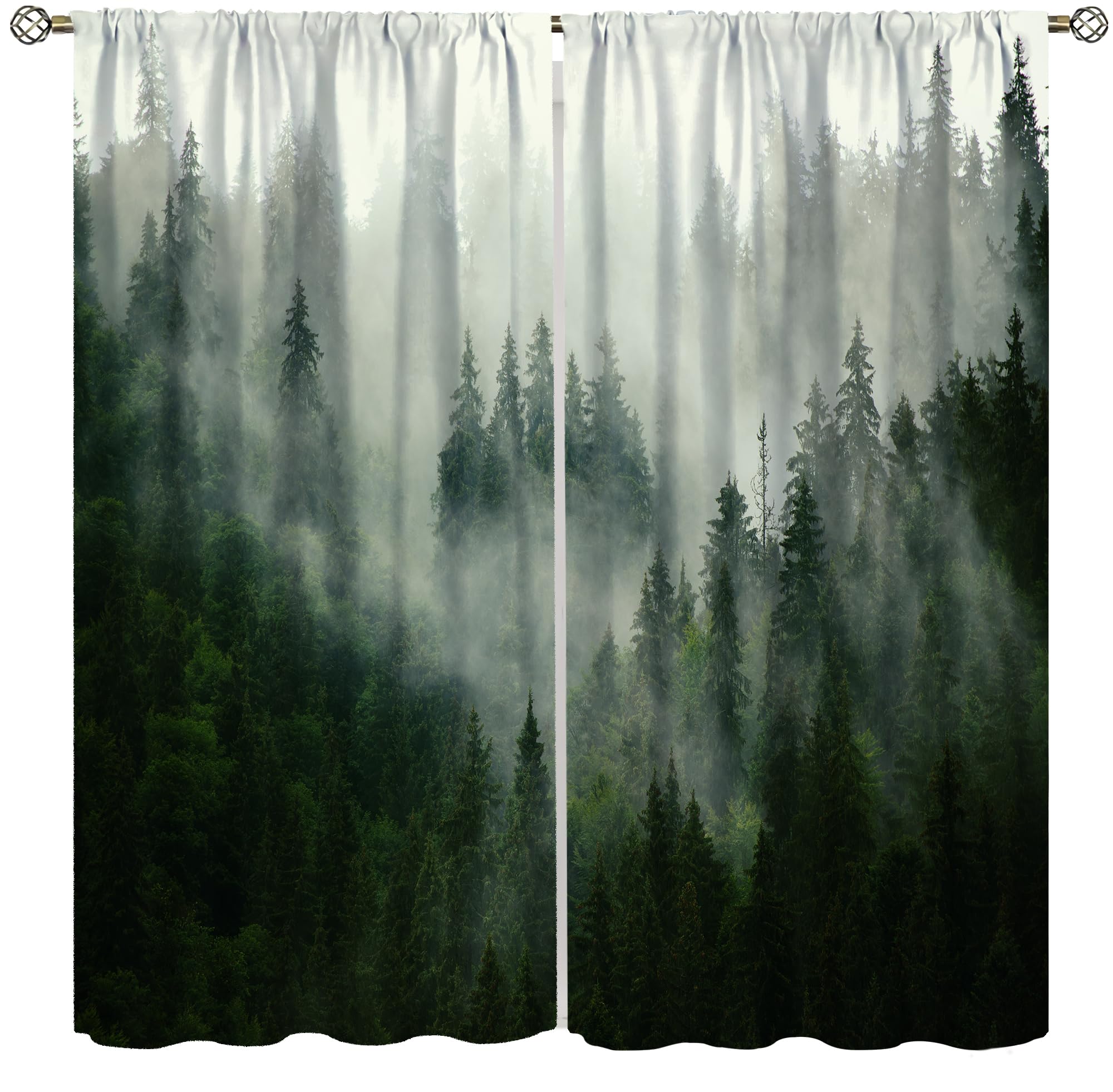 AAVEUP Forest Curtains, Nature Green Spring Foggy Mountain Peaks Vibrant Forest Plants Trees Window Treatments Drapes for Kids Boys Girls Living Room