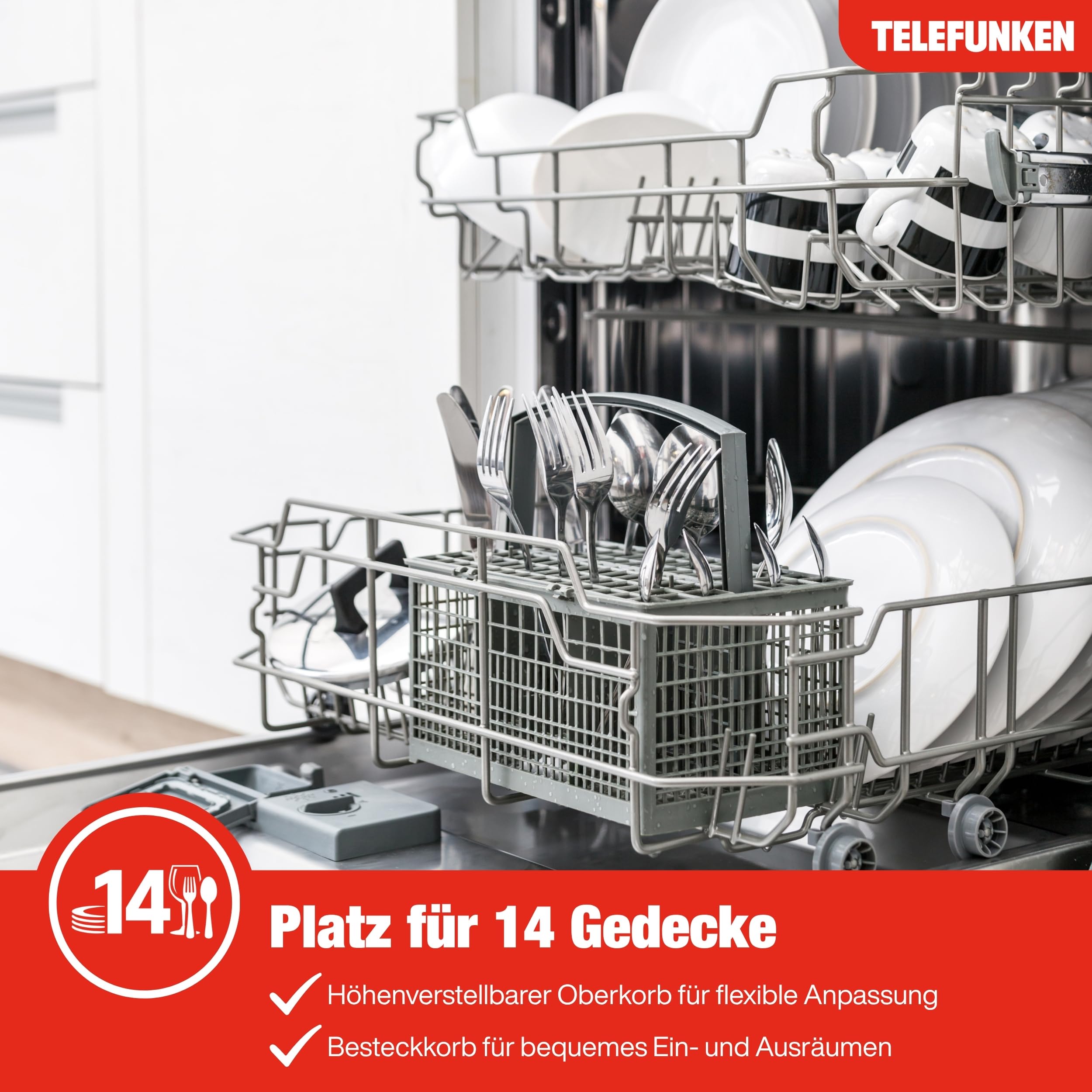 Telefunken Geschirrspüler 60 cm | Spülmaschine freistehend | 14 Maßgedecke | 9 Programme | AquaStop | EEK A | 44 dB | Startzeitvorwahl | Auto-Door | Unterbaufähig | Besteckkorb | Silber | GFS6014AI