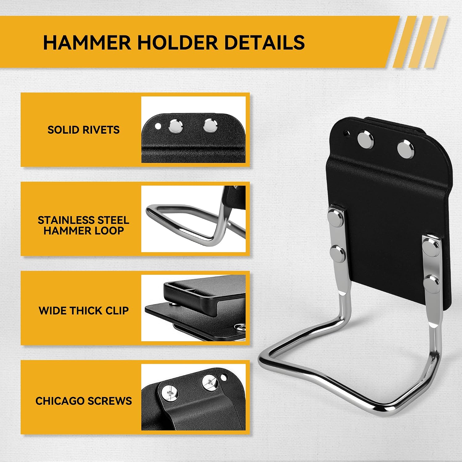 Heavy-Duty Tape Measure and Hammer Holder, Low-Profile Drill Belt Clip & Hammer Holster Fits Up to 2-Inch Belts, Quick Access for TapeMeasure, Electric Drill, Hammer, Pry Bar