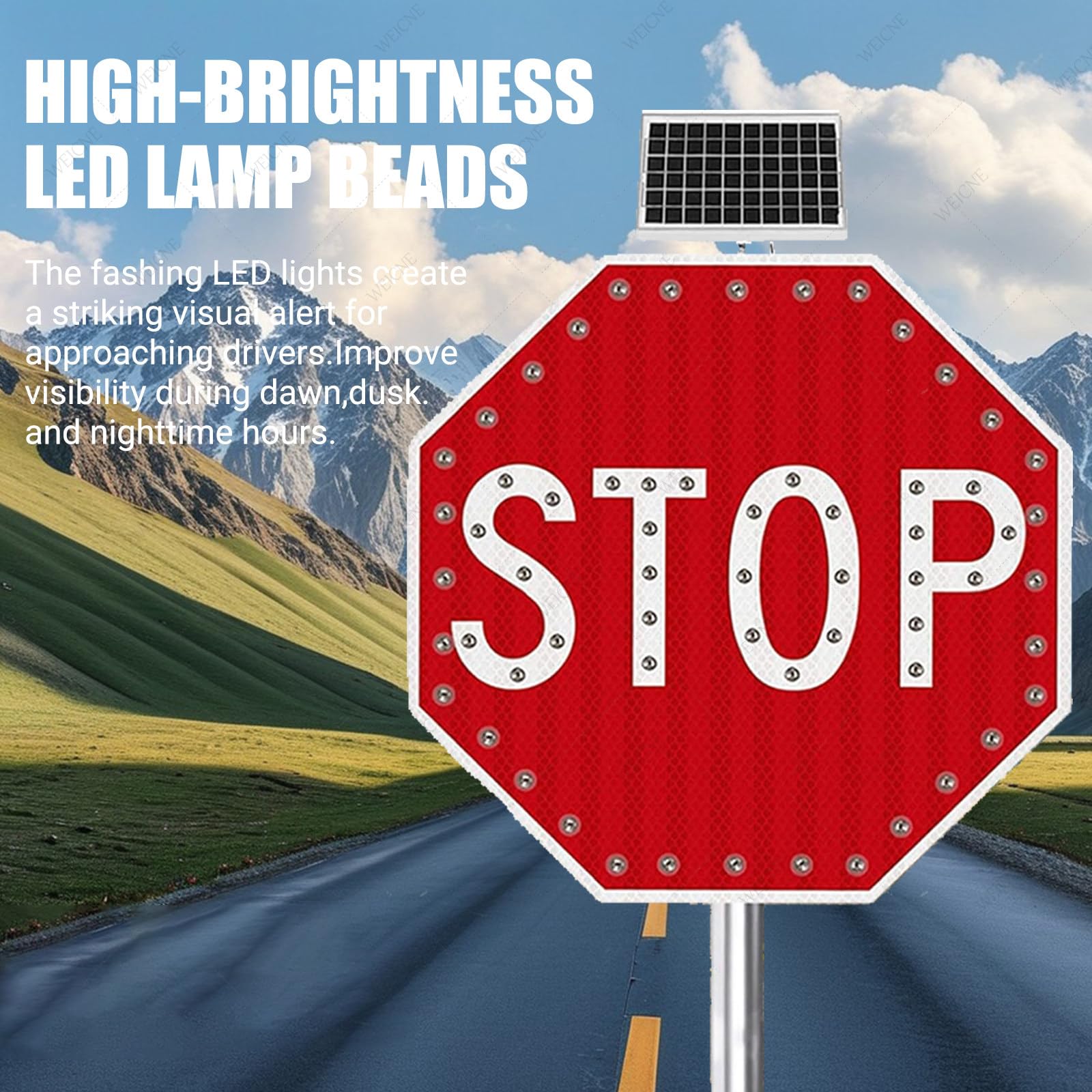 Señal de parada LED con energía solar de 30 pulgadas, octágono de aluminio duradero para un mejor control y seguridad del tráfico por carretera, ideal para construcción y uso de emergencia