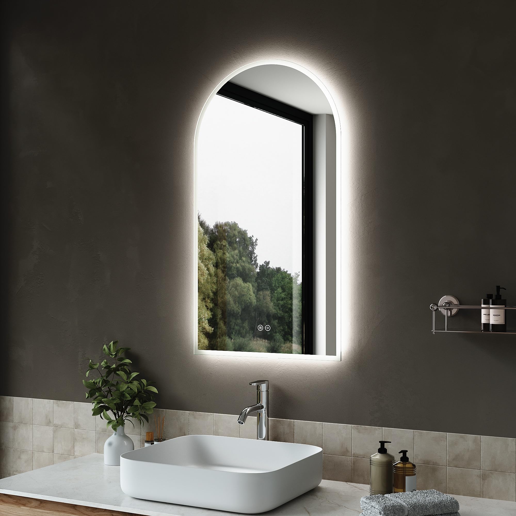SIRHONA Miroir Salle de Bain Arquée 90x50cm, Dimmable, 3 Couleurs Légères, Anti-buée, Mémoire, IP44, Douille, Mirroir Lumineux Salle de Bain, Horizontal/Vertical