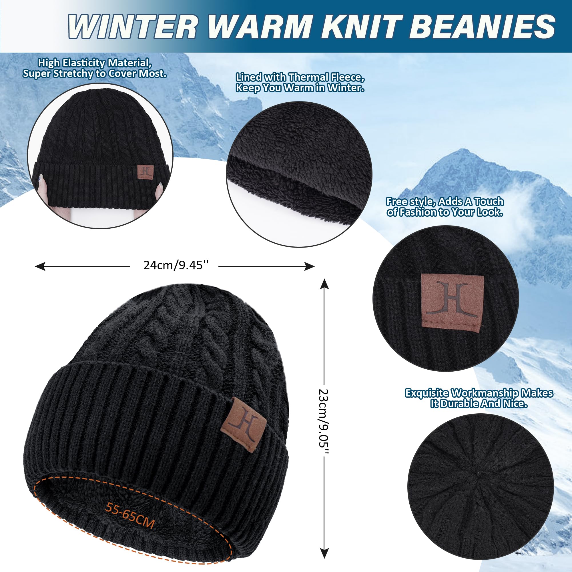 Bequemer Laden Męska zimowa czapka beanie, rękawiczki do ekranów dotykowych, szal, zestaw z polarową podszewką, czapka z dzianiny, czapka zimowa, komin, rękawiczki zimowe, czarny, jeden rozmiar