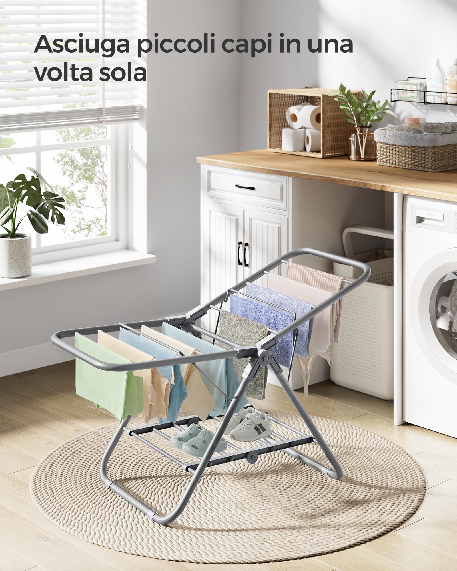 SONGMICS Stendibiancheria piccolo pieghevole a 2 ali salvaspazio metallo per piccoli indumenti, asciugamani, bagno, balcone, 44 x 101 x 54 cm, grigio tortora LLR504G01