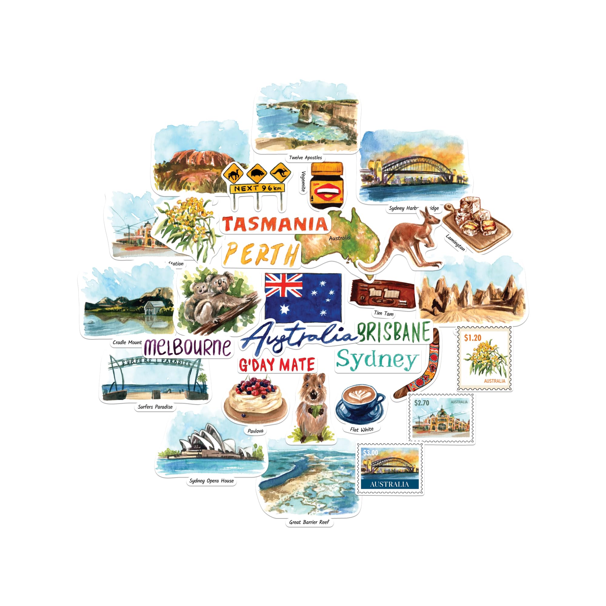 Navy Peony Outback Australia Statement Stickers - Hand-Illustrated Watercolour, Glossy, Waterproof - for Suitcases, Laptops, Water Bottles (32-Piece Set)