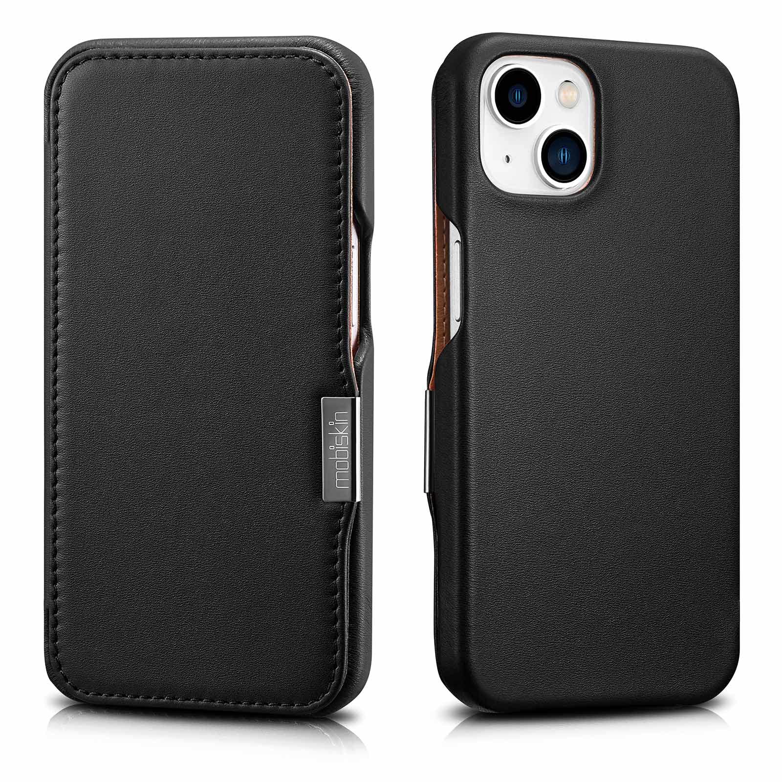 Mobiskincase compatible with Apple iPhone 13 MINI (5.4 inch), cover with genuine leather, book-style protective phone case, ultra-slim folio, thin wallet, black