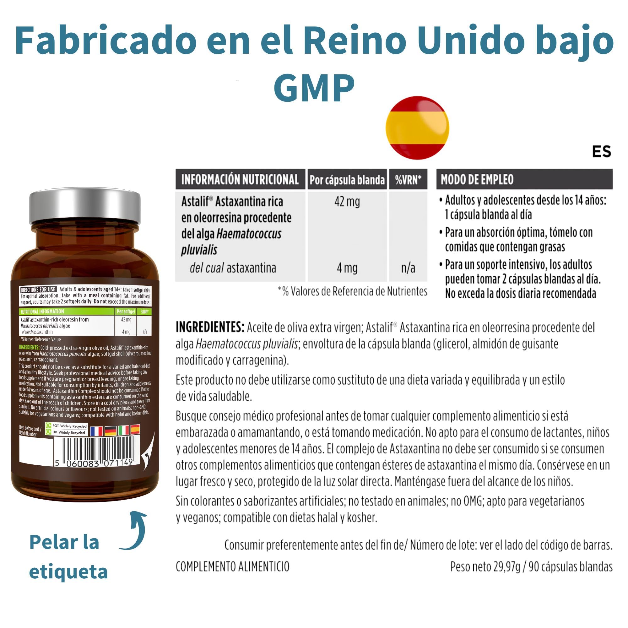 Igennus Astaxantina Natural 4mg, Potente Antioxidante, 90 Cápsulas 1 al Día, Alta Pureza de Microalgas H. Pluvialis, Origen Controlado, Ingredientes Puros, Suplemento Vegano
